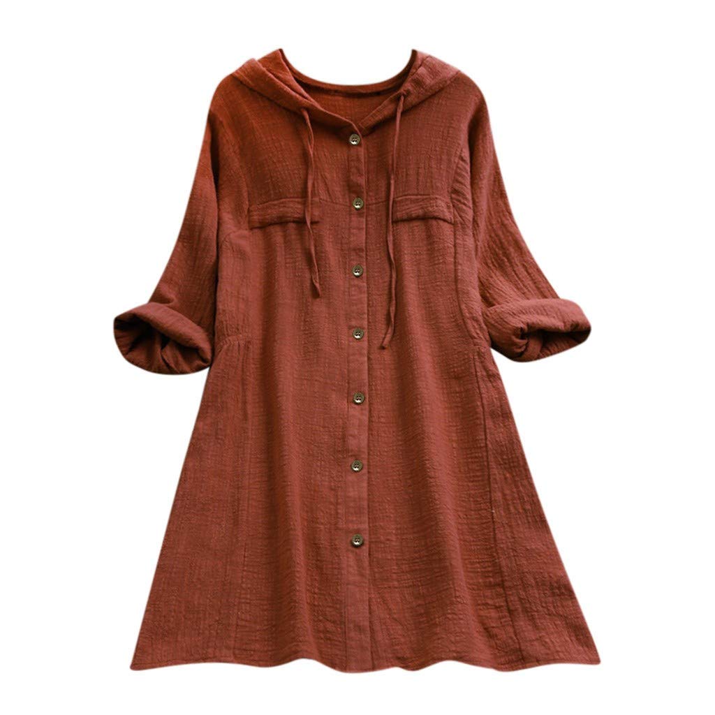 Women's Loose Cotton Hooded Long Sleeve T-Shirt with Pocket - Casual Button Blouse Plus Size Tops for Everyday Wear & Outdoor Activities