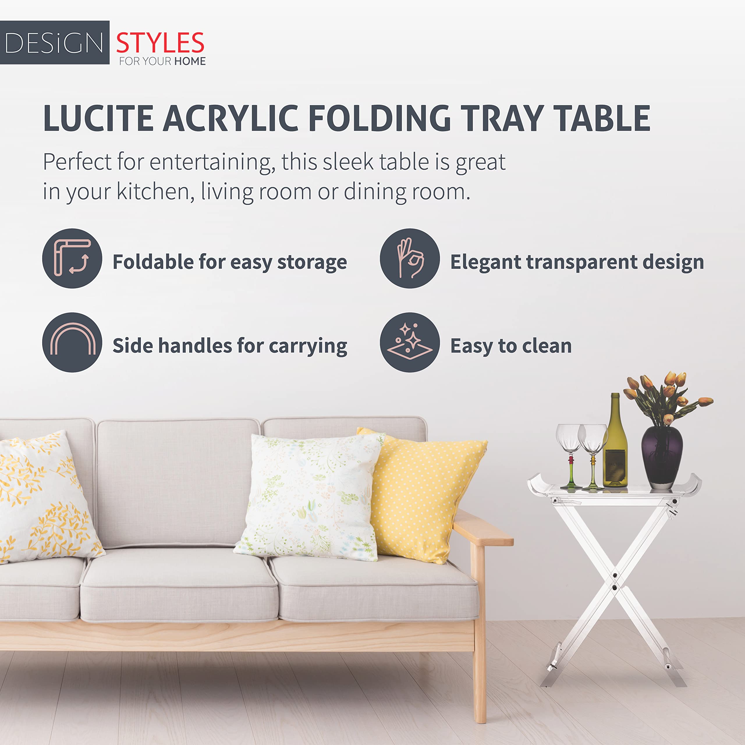 Designstyles Acrylic Folding Tray Table - Modern Chic Accent Desk for Kitchen & Bar Serving - Elegant Clear Curved Top Design - Perfect for Breakfast in Bed, Living Room Snacks & Outdoor Entertaining