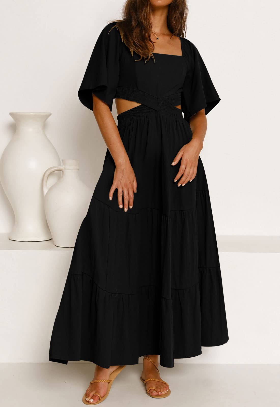 LEANI Women's 2025 Summer Cutout Maxi Dress - Square Neck Short Sleeve Crossover Waist Casual Party Dress for Beach Vacation, Wedding Guest & Date Night Outfits