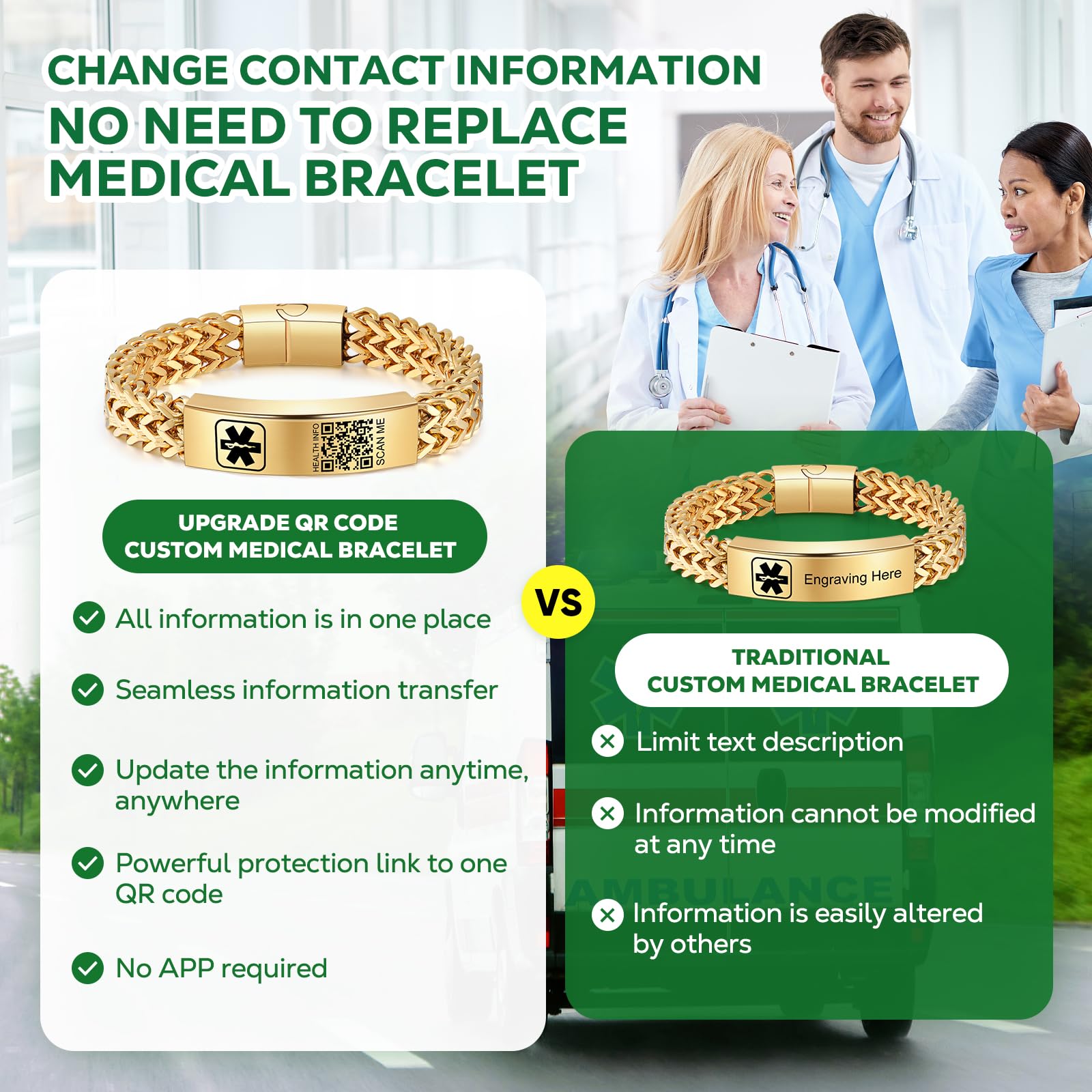 Upgraded Medical Alert Bracelet with QR Code for Women & Men - Sterling Silver Adjustable 7''-9'' - Custom Emergency Medical ID Info - Perfect for Allergies, Diabetes & Emergency Situations