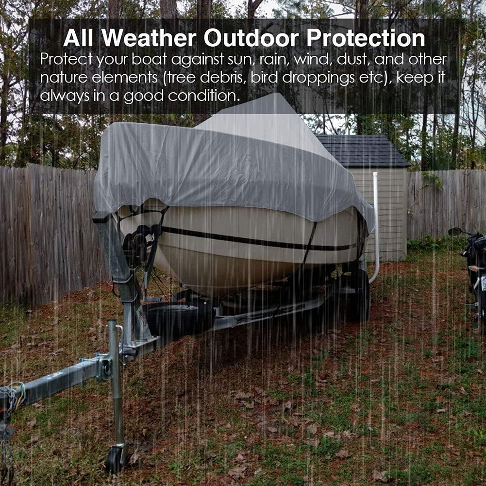 RTMX&kk 210D Oxford Fabric Waterproof UV Resistant Boat Cover - Trailerable Jumbo Size for 19ft~21ft Boats with T-Top/Hard Top (Gray) | Perfect for Outdoor Storage, Mooring & Trailering Protection