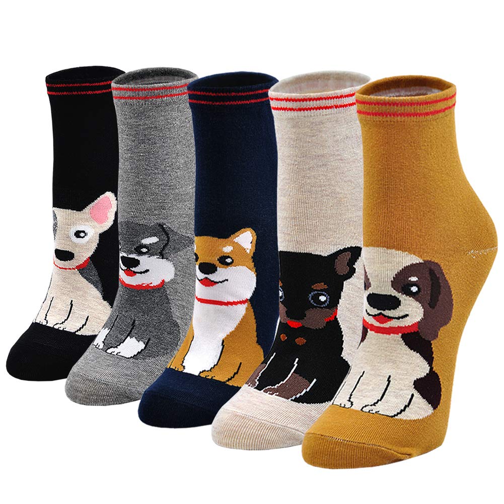 ZFSOCK Women's Cotton Animal Socks - 5 Pairs Cute Cartoon Dog Cat & Pizza Pattern Novelty Crew Socks for Women & Girls | Comfortable, Funny & Stylish Socks for Casual Wear, Gifts & Everyday Fashion
