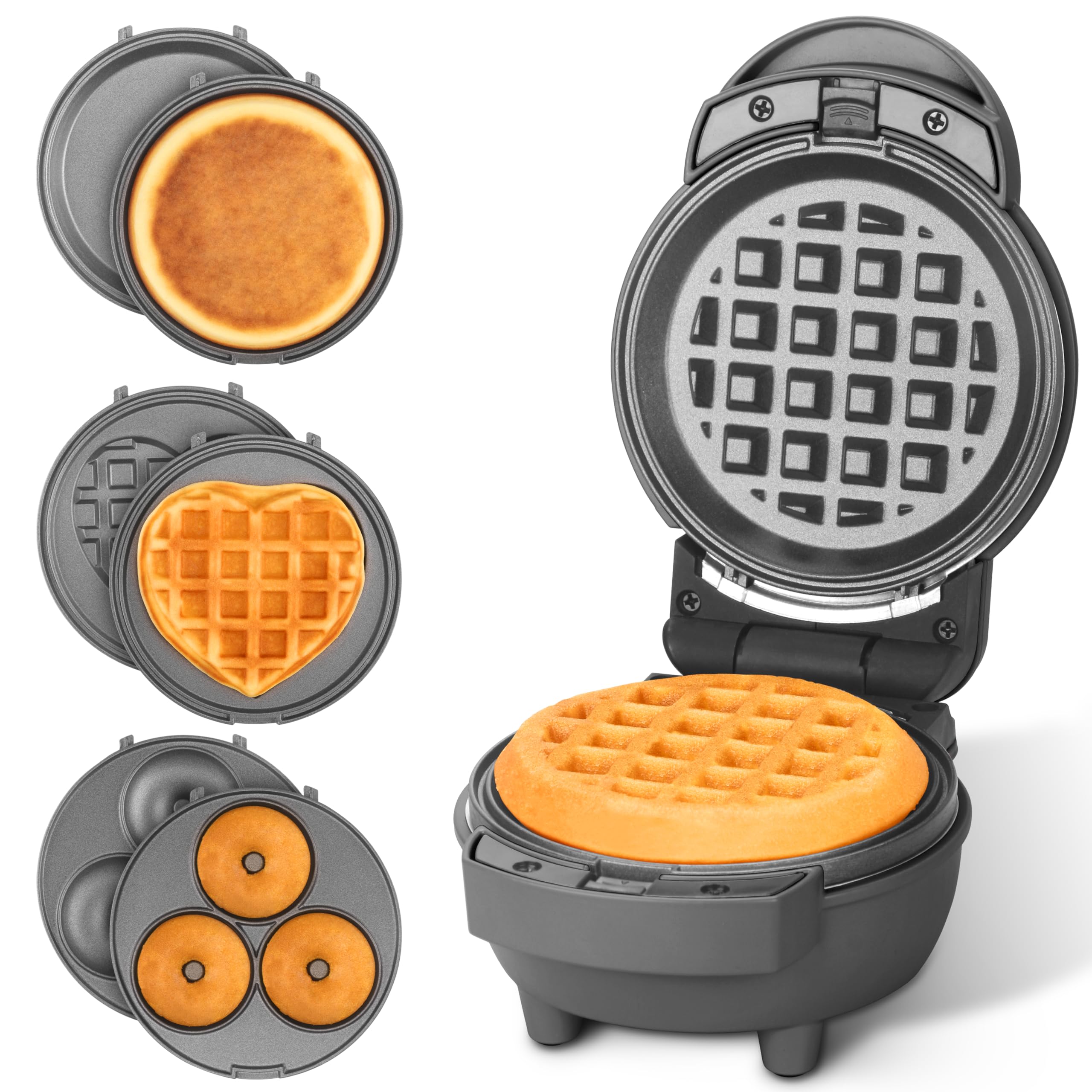 4-in-1 Mini Waffle Maker Set with Removable Plates - Pancake, Donut & Heart Waffle Maker | Compact Breakfast Appliance for Home, Dorm & Office | Includes Recipe Book | Graphite Design