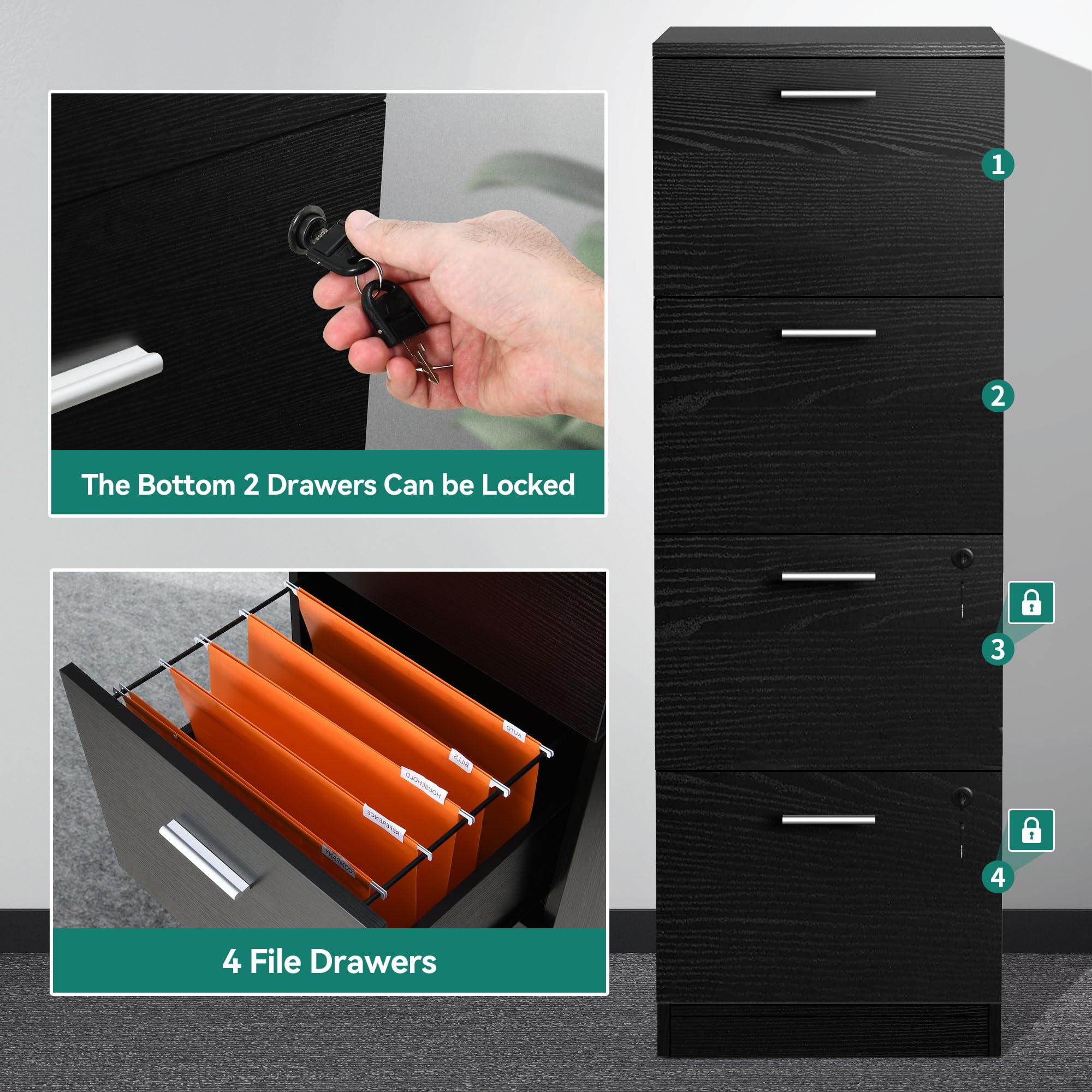 YITAHOME 4-Drawer Lockable Office File Cabinet - 131cm Vertical A4 Document Storage Cabinet for Home & Office - Easy Assembly for Secure File Organization & Office Supplies Storage