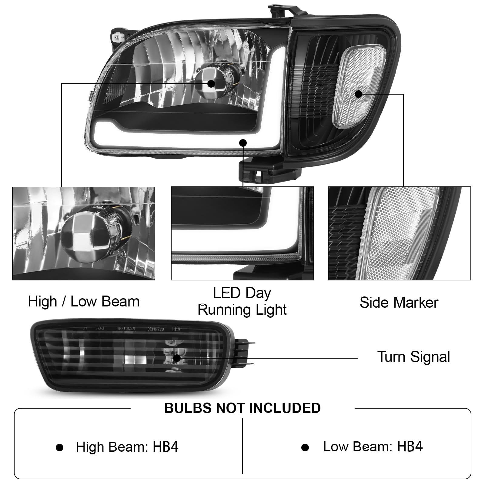 LED Headlight Assembly with Daytime Running Lights - Compatible with 2001-2004 Toyota Tacoma (Bumper & Corner Lights) | Durable Replacement for Improved Night Visibility & Off-Road Driving