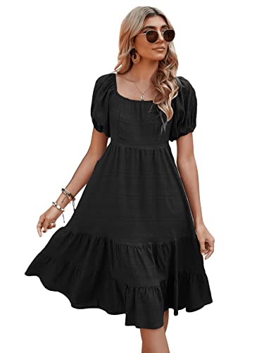 SweatyRocks Women's Puff Sleeve Ruffle Hem Midi Dress - Flowy A-Line Summer Dress with Scoop Neck & High Waist | Perfect for Beach Vacations, Date Nights & Outdoor Parties