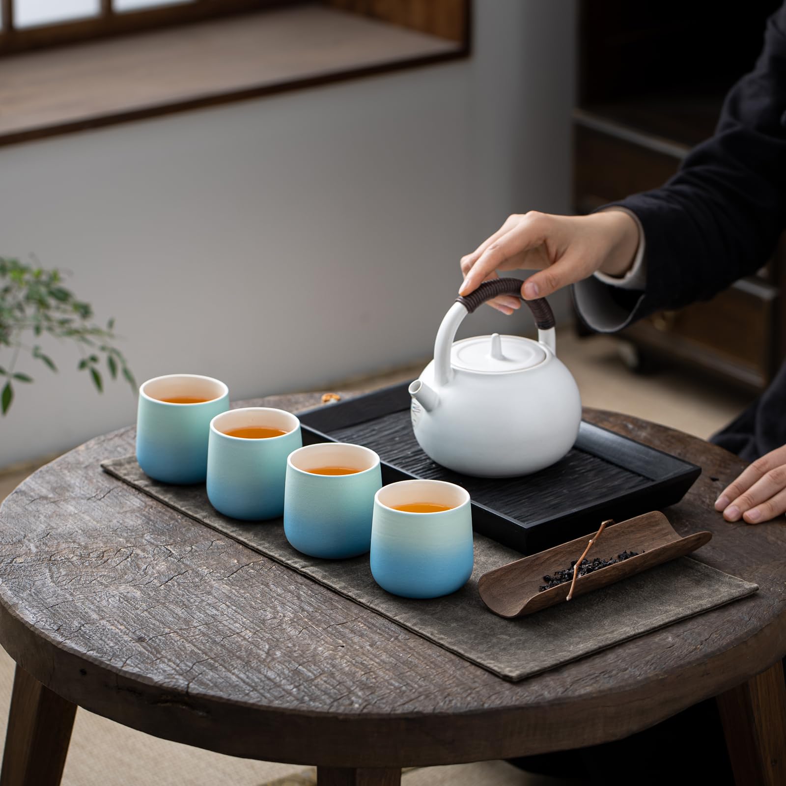 TEANAGOO Japanese Tea Cup Set of 4 - 7.2Oz (205ml) Ceramic Blue White Gradient Cups - Traditional Asian Tea Cups Without Handles - Perfect for Japanese Tea Ceremony, Matcha, Chinese Tea, Home Decor & Gift Giving