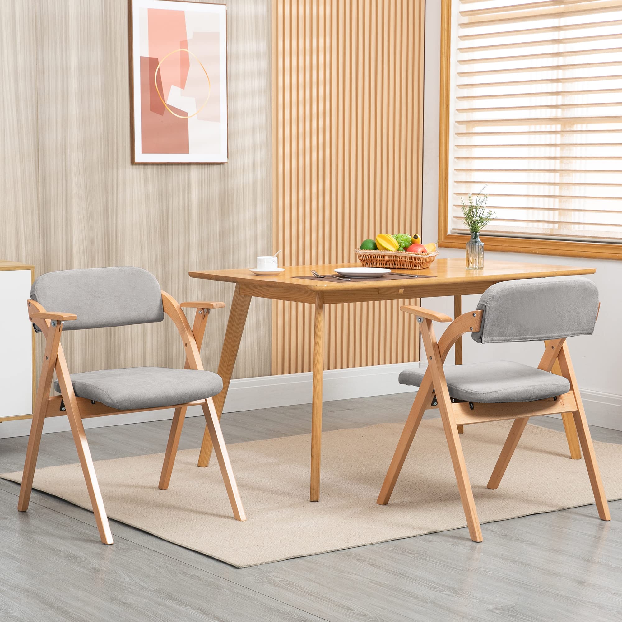 HOMEFUN 2-Pack Wooden Folding Chairs with Armrests & Padded Seats - Stackable Space-Saving Dining Chairs for Kitchen, Office, Wedding, Party & Guest Seating (Gray) - Perfect for Indoor & Outdoor Events, Home Decor & Compact Living Spaces