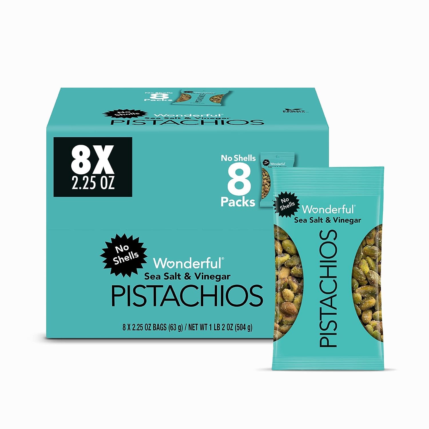 Wonderful Pistachios No Shells, Sea Salt & Vinegar Flavored Nuts - 2.25 Ounce Bag (Pack of 8) | High Protein Snacks, Gluten Free, Keto Friendly | Perfect for Office, Travel & Healthy On-the-Go Snacking