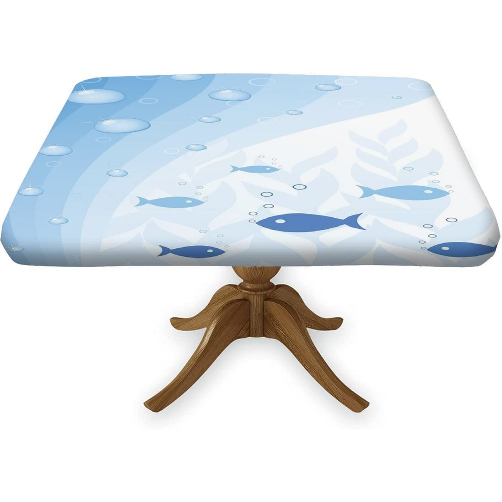 Decorative Elastic Edged Polyester Fitted Table Cover - Abstract Underwater Waves & Bubbles Print - Indoor/Outdoor Square Tablecloth for Aquarium Theme - Fits 32