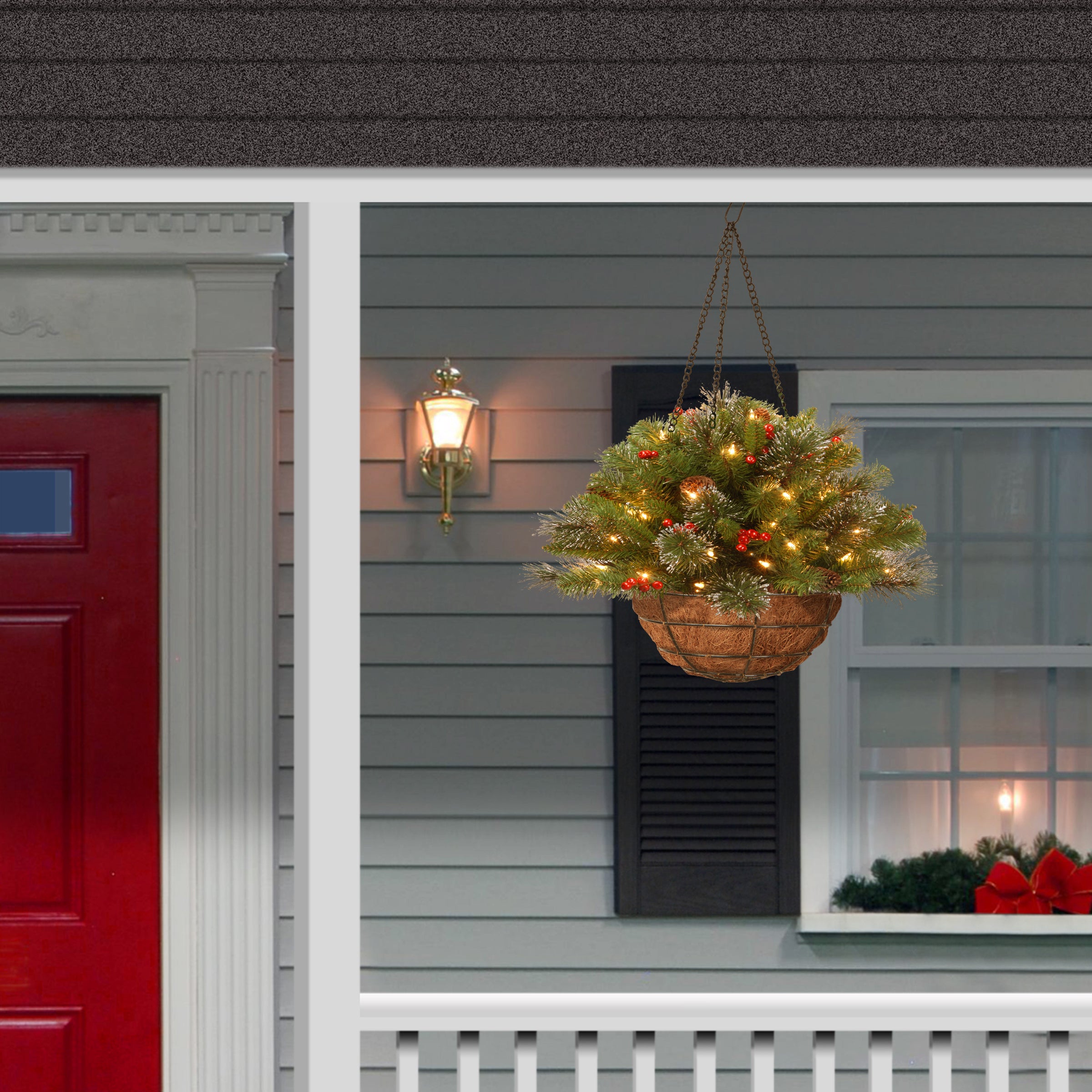 20 in. Pre-Lit Crestwood Spruce Hanging Basket with Energy-Efficient LED Lights - Perfect for Outdoor Patio, Garden, and Holiday Decorations