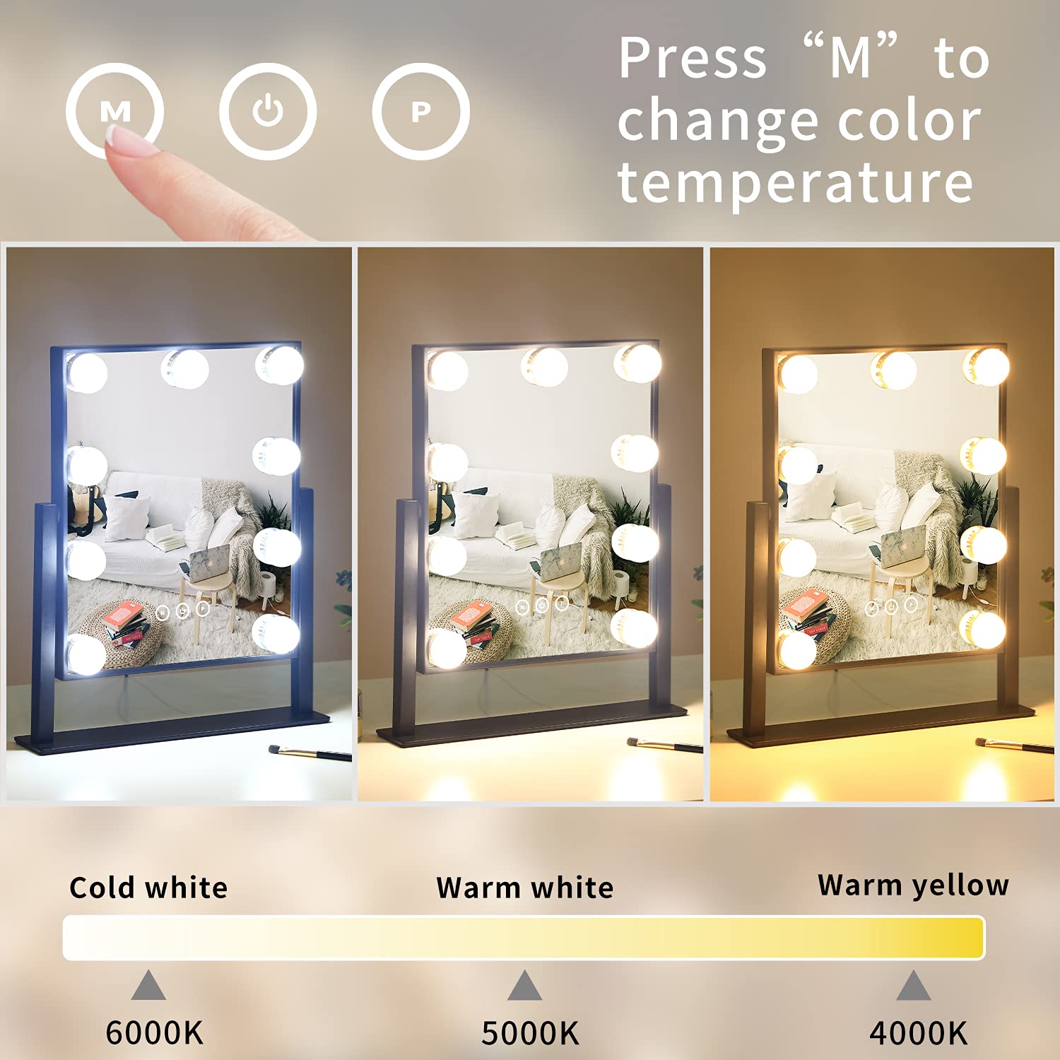 Nusvan LED Vanity Mirror with 3 Color Lighting Modes, 10X Magnification & 360° Rotation - Touch Control Makeup Mirror for Professional Makeup Application, Skincare Routine & Home Salon Setup