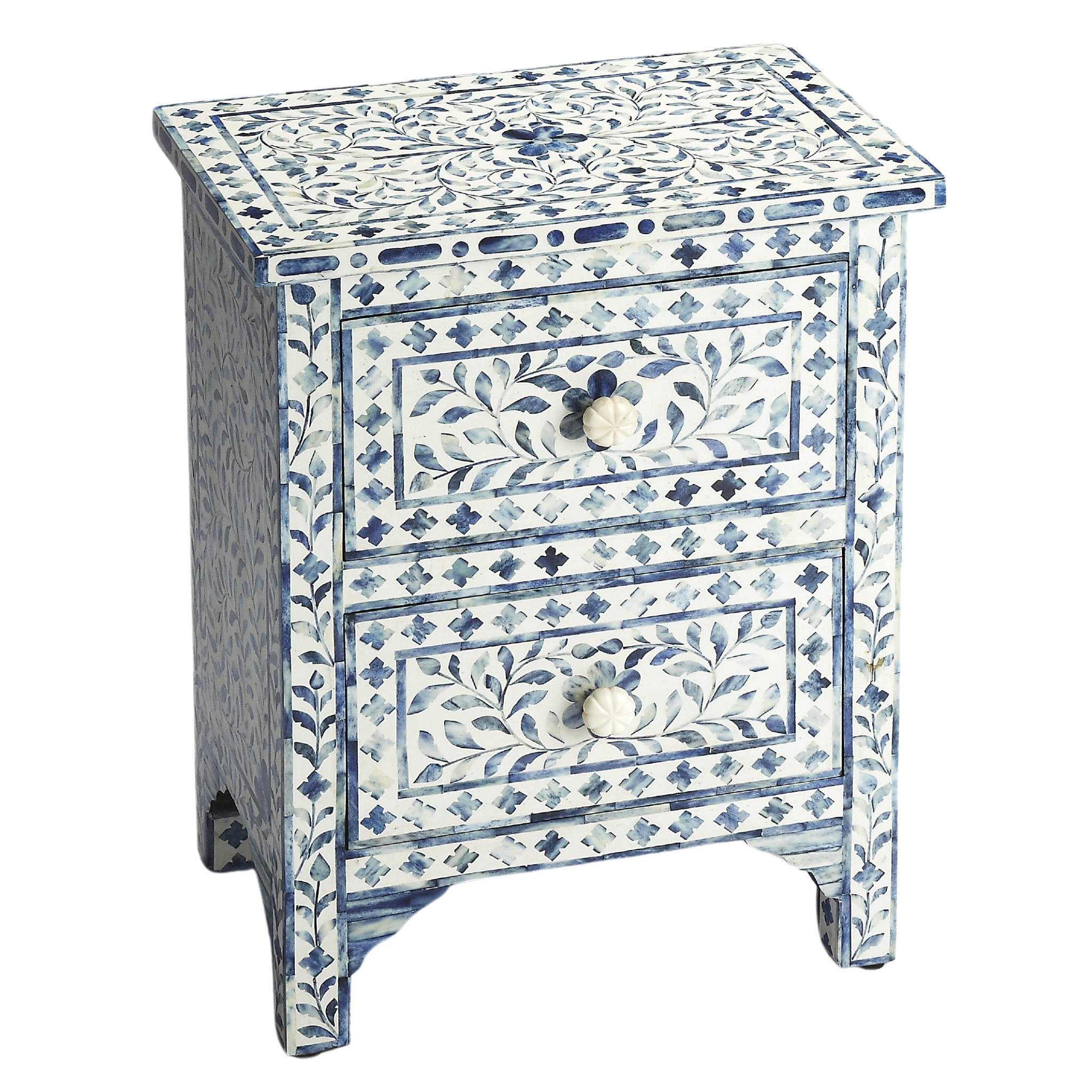 Handmade Blue Bone Inlay Wooden Side Table with 2 Drawers & Floral Knobs - Elegant Bedroom Nightstand or Living Room Accent Table