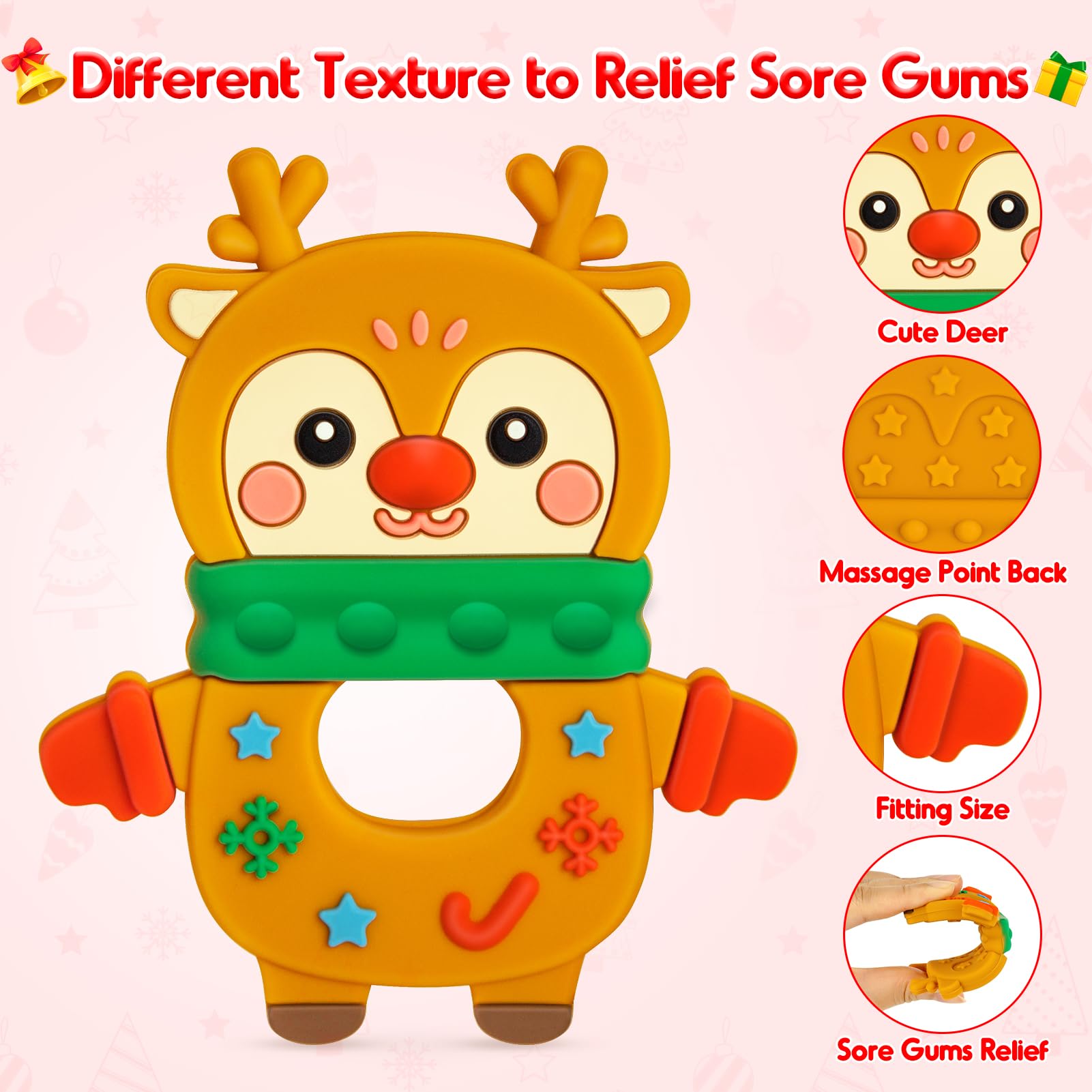 NPET Christmas Deer Baby Teething Toy for 3-12 Months - Soft & Safe Holiday Infant Gifts for Boys & Girls - Cute Deer Themed Teether for Soothing Sore Gums - Perfect for Christmas Stocking Stuffers, Baby Showers & First Birthday Presents