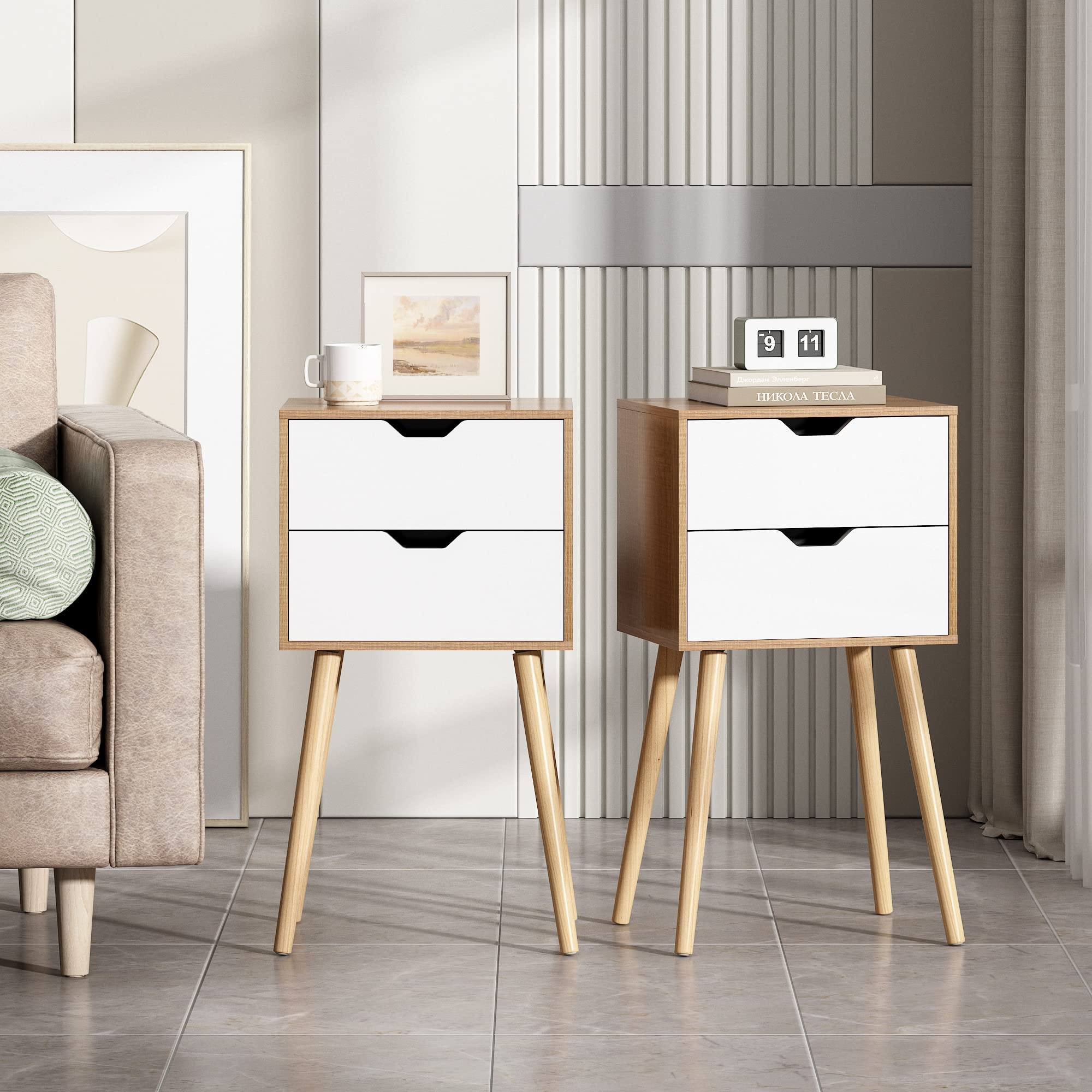 JAXPETY 2-Piece Nightstand Set with Drawers - Solid Wood Legs, Large Storage Space - Bedside Table, End Table for Bedroom (Natural Finish) - Perfect for Small Spaces & Apartment Living