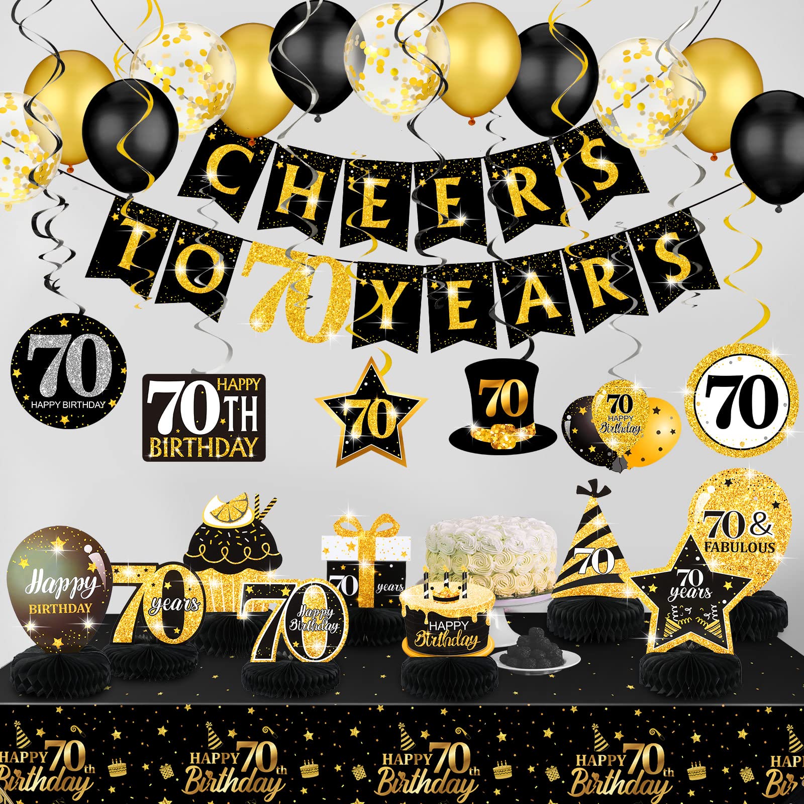 Zonon 70th Birthday Party Decorations Set - 35 Pcs Black Gold Cheers to 70 Years Banner, Tablecloth, Balloons & Centerpieces for Men & Women | Perfect for Milestone Celebrations, Retirement Parties & Anniversary Decor