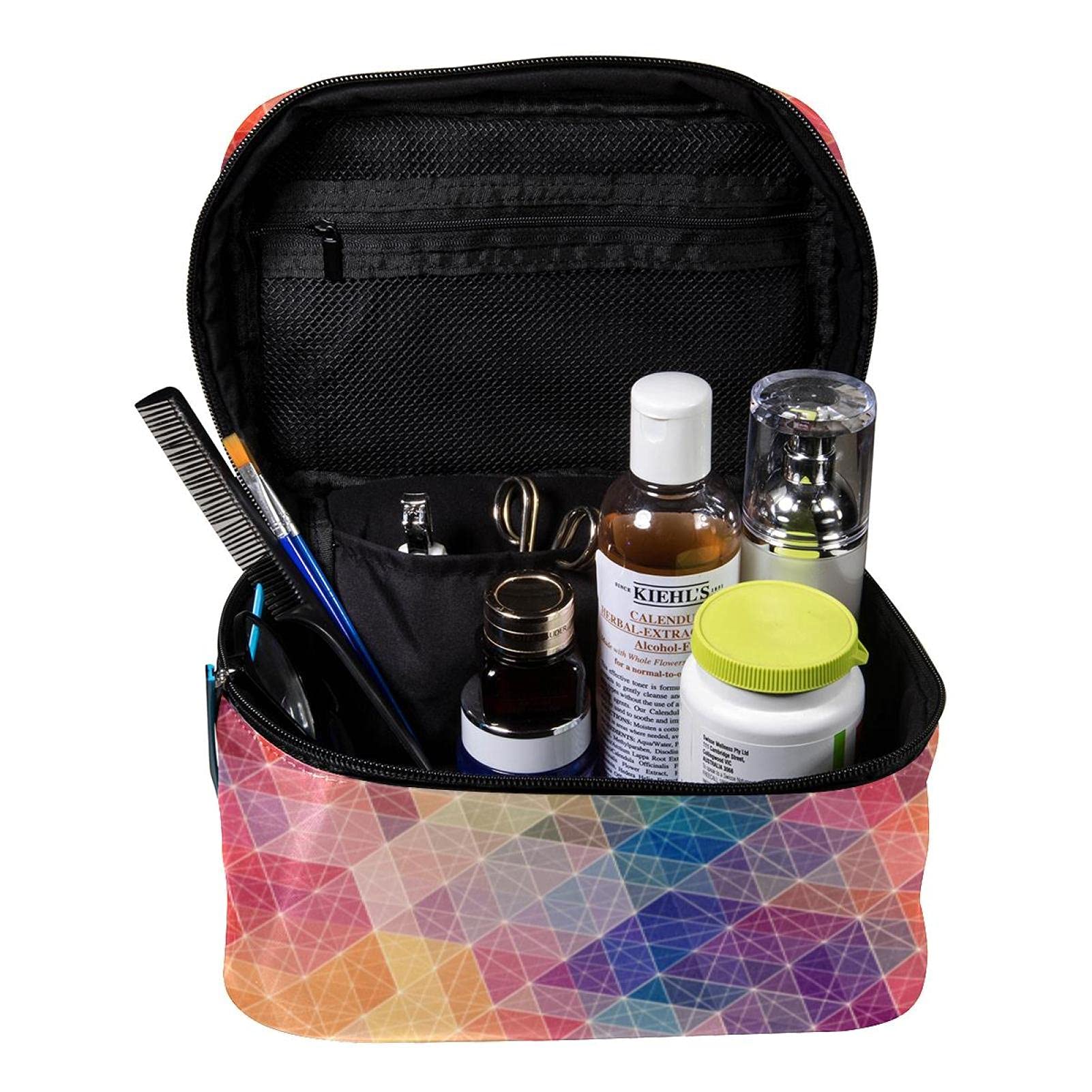 Vibrant Geometric Cube Print Large Travel Makeup Bag - Waterproof Cosmetic Organizer with Zipper for Women & Girls | Perfect for Vacation, Gym, Daily Essentials Storage
