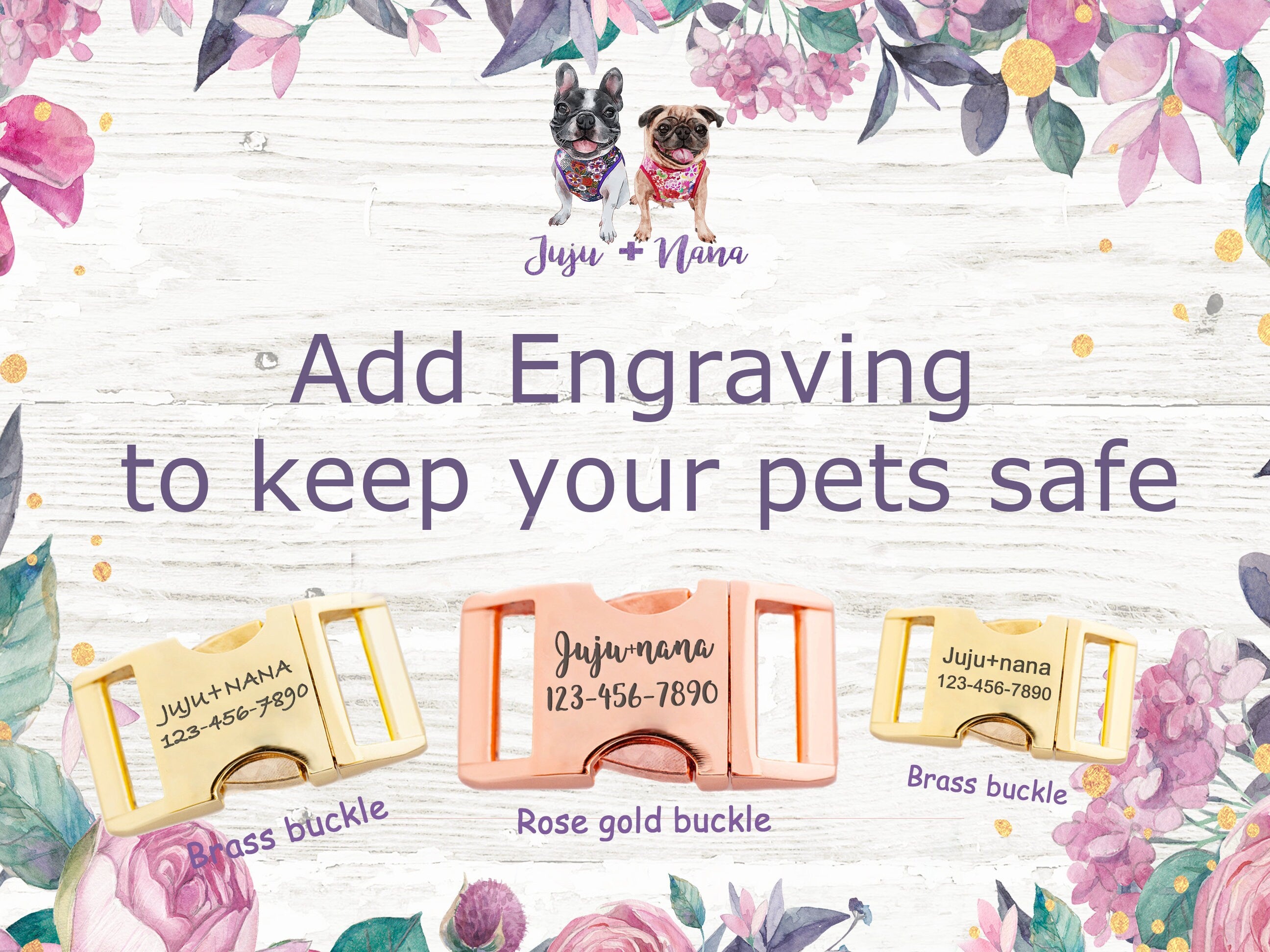 Personalized Engraved Buckle Dog Collar with Purple Glitter Roses - Adjustable & Stylish Pet Accessory for Small & Medium Dogs - Perfect for Daily Walks, Training & Special Occasions