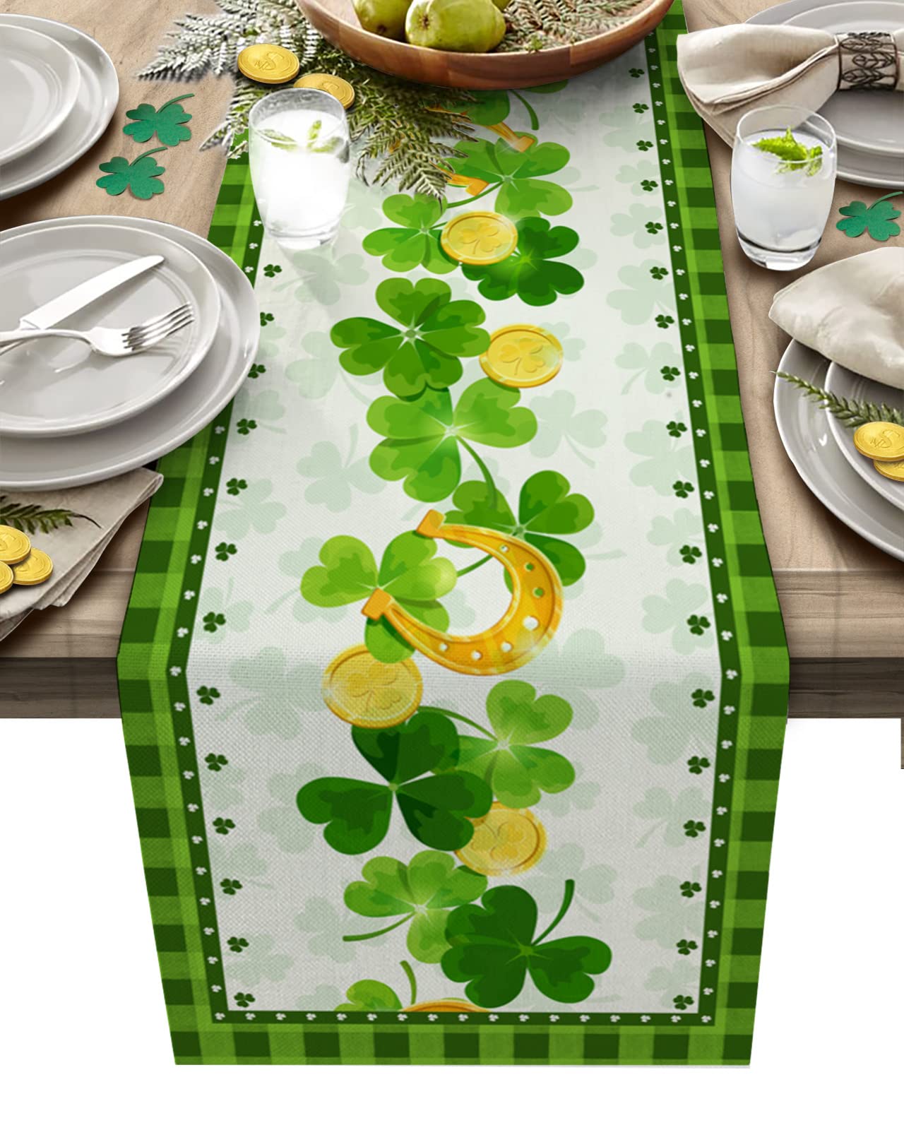 St. Patrick's Day Lucky Clover Table Runner 13x70 Inch - Irish Buffalo Plaid Cotton Linen Tablecloth for Parties, Weddings & Home Decor - Perfect for Dining Tables, Coffee Tables & Dresser Scarves