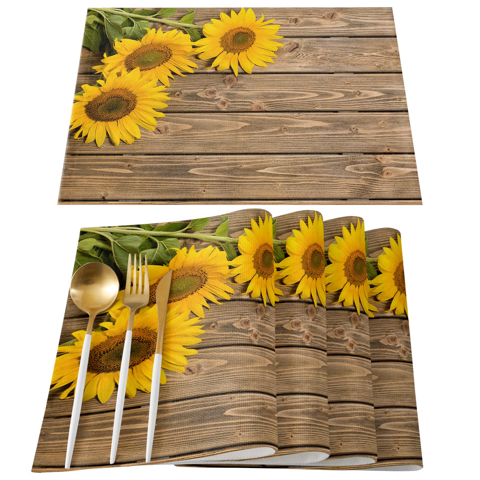 4-Pack Heat-Resistant Sunflower Placemats for Dining Table - 12x18 Inch Linen Table Mats with Wooden Plank Summer Garden Design - Perfect for Home Decor, Kitchen, Picnics & Outdoor Dining