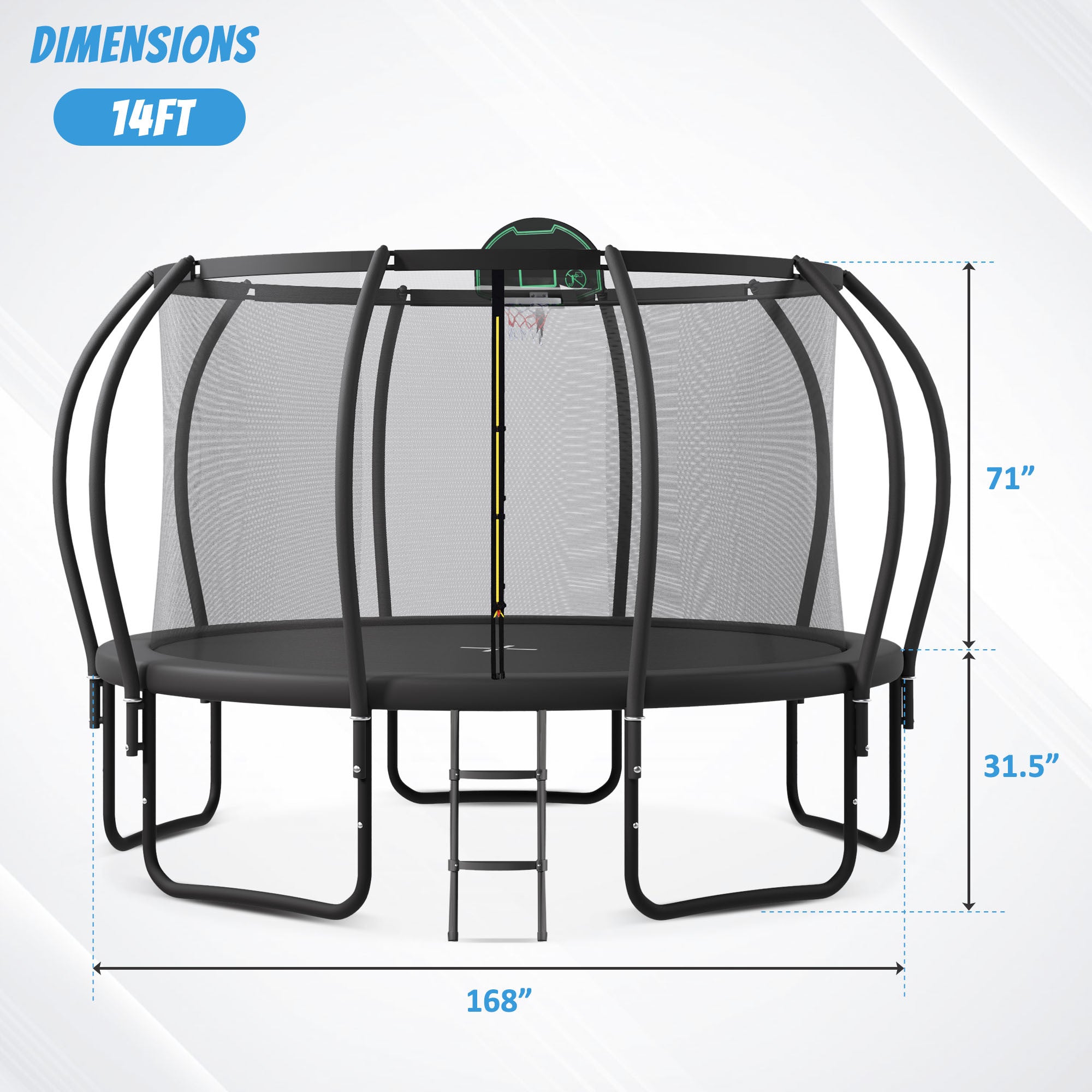 14FT Kids Trampoline with Safety Enclosure - Upgraded ArcPole & Composite TopLoop, Includes Basketball Hoop & 10 Ground Stakes | Outdoor Backyard Play Equipment for Physical Exercise & Family Fun
