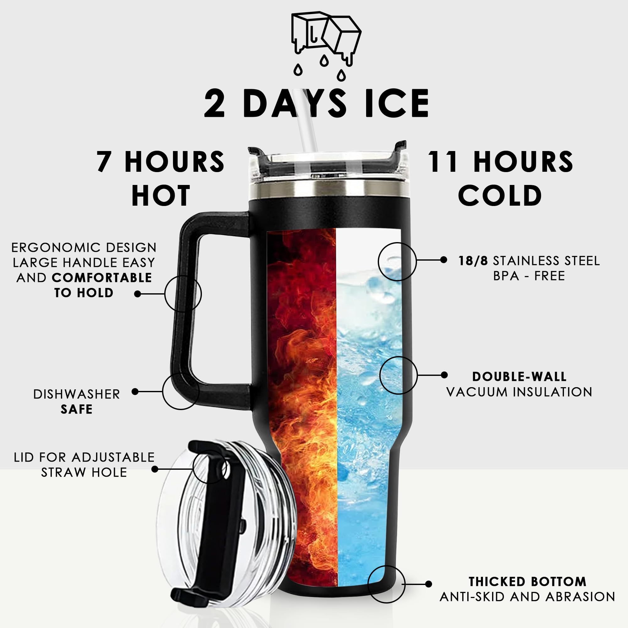 Personalized 40 oz Split Monogram Tumbler - Laser Engraved Insulated Cup with Handle, Lid & Straw - Valentine's Day Birthday Gift for Women - Perfect for Coffee, Tea & Cold Drinks at Home, Office or Gym