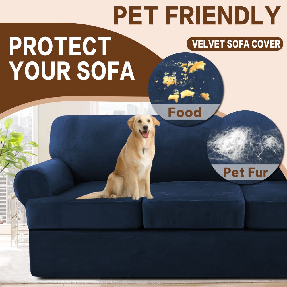 Velvet T-Cushion Sofa Slipcover 4-Piece Set - Soft Stretchable Couch Cover for Sectional Sofas - Furniture Protector with 3 Individual T-Cushion Seat Covers (Navy Blue) - Perfect for Living Room, Family Room & Home Decor