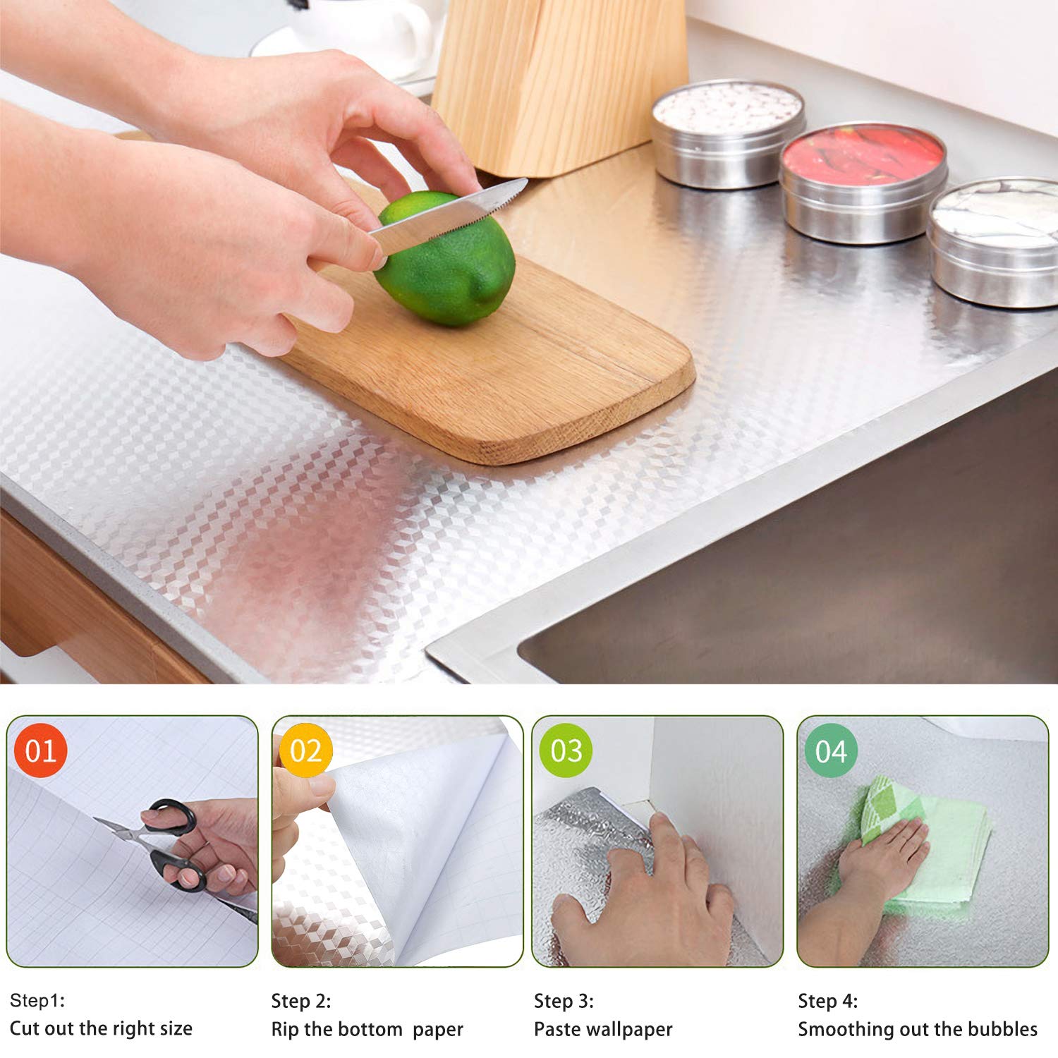 Livelynine Oil-Proof Self-Adhesive Contact Paper - Waterproof Kitchen Backsplash Wallpaper (40cm x 2m) | Stainless Steel Look Shelf Liner & Peel-and-Stick Wall Covering for Countertops, Cabinets, and Drawers