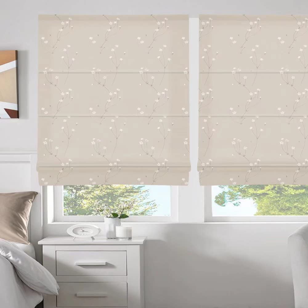 Cordless Roman Shades - Tan Floral Blackout Light Filtering Window Blinds | 10% Linen Fabric Custom Shades for Windows, French Doors & Kitchen | Perfect for Bedrooms, Living Rooms & Home Offices