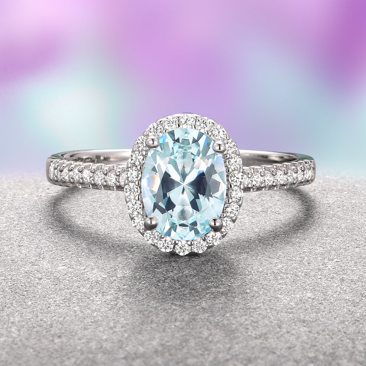 Elegant Iris Halo Oval Aquamarine Ring in Sterling Silver - Perfect for Engagement, Anniversary & Special Occasion Gifts