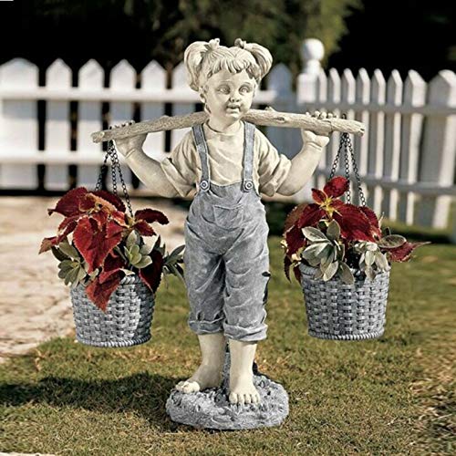 ZSMLB Resin Garden Ornament - Two-Tone Stone Flower Statue with Planter for Outdoor Decor | Perfect for Little Girl's Garden, Patio & Yard Decoration