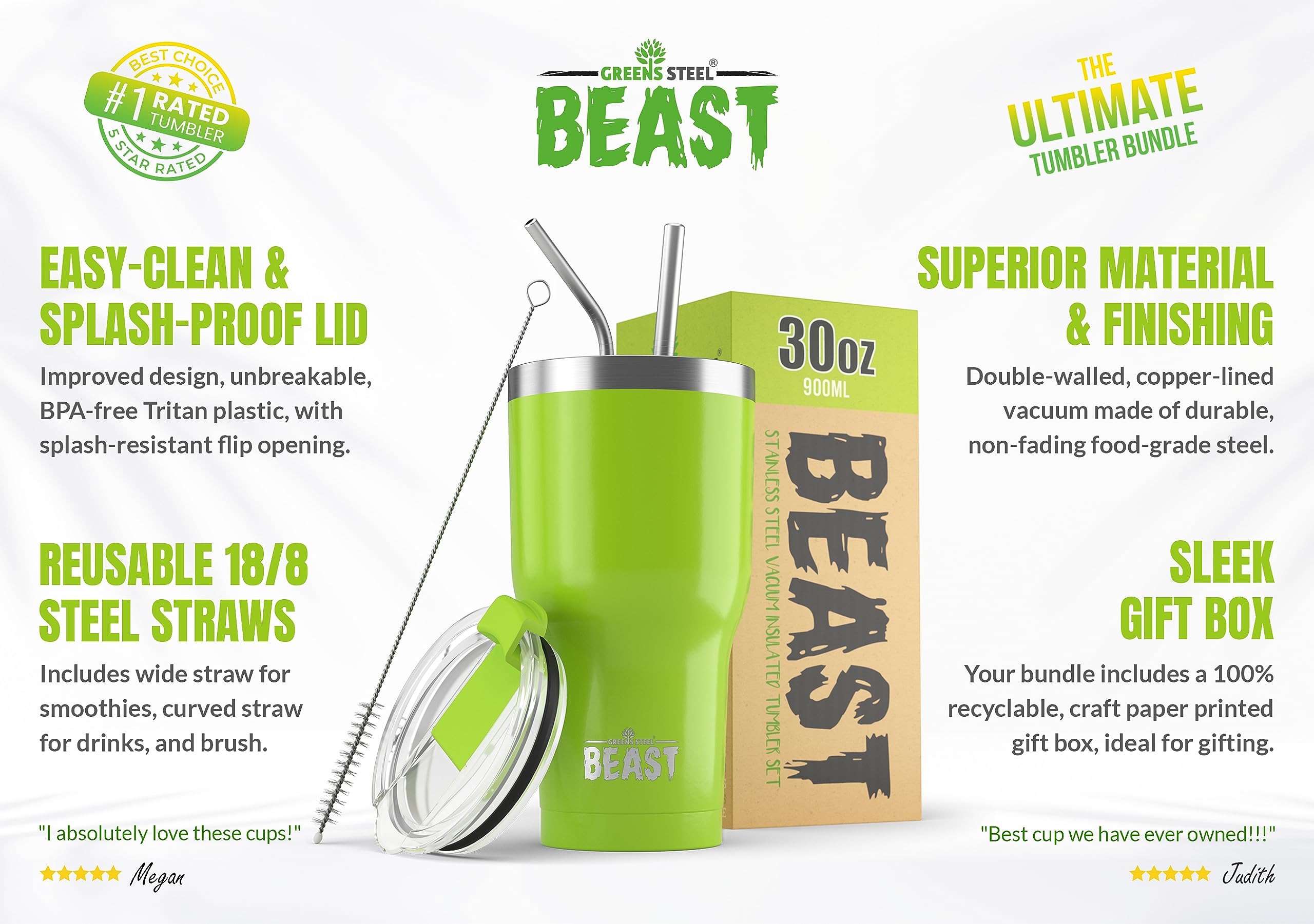 Beast 30 oz Stainless Steel Vacuum Insulated Tumbler - Double Wall Travel Mug for Coffee & Iced Drinks - Lemongrass Green - Perfect for Camping, Office & Gym Use