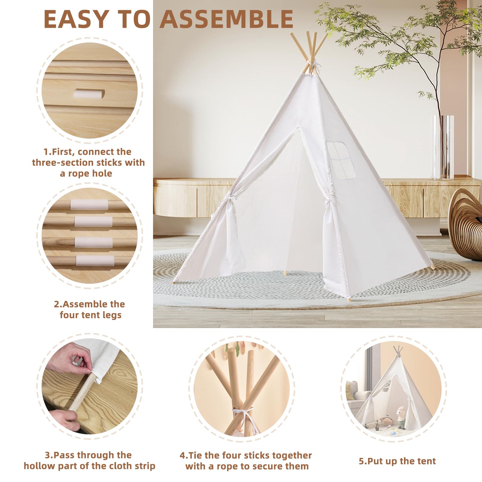 Wholelovein 6-Piece Kids Teepee Play Tent - Foldable & Washable Boho Playhouse for Girls & Boys - Perfect for Indoor Play, Sleepovers, Birthday Parties & Nursery Decor (White)