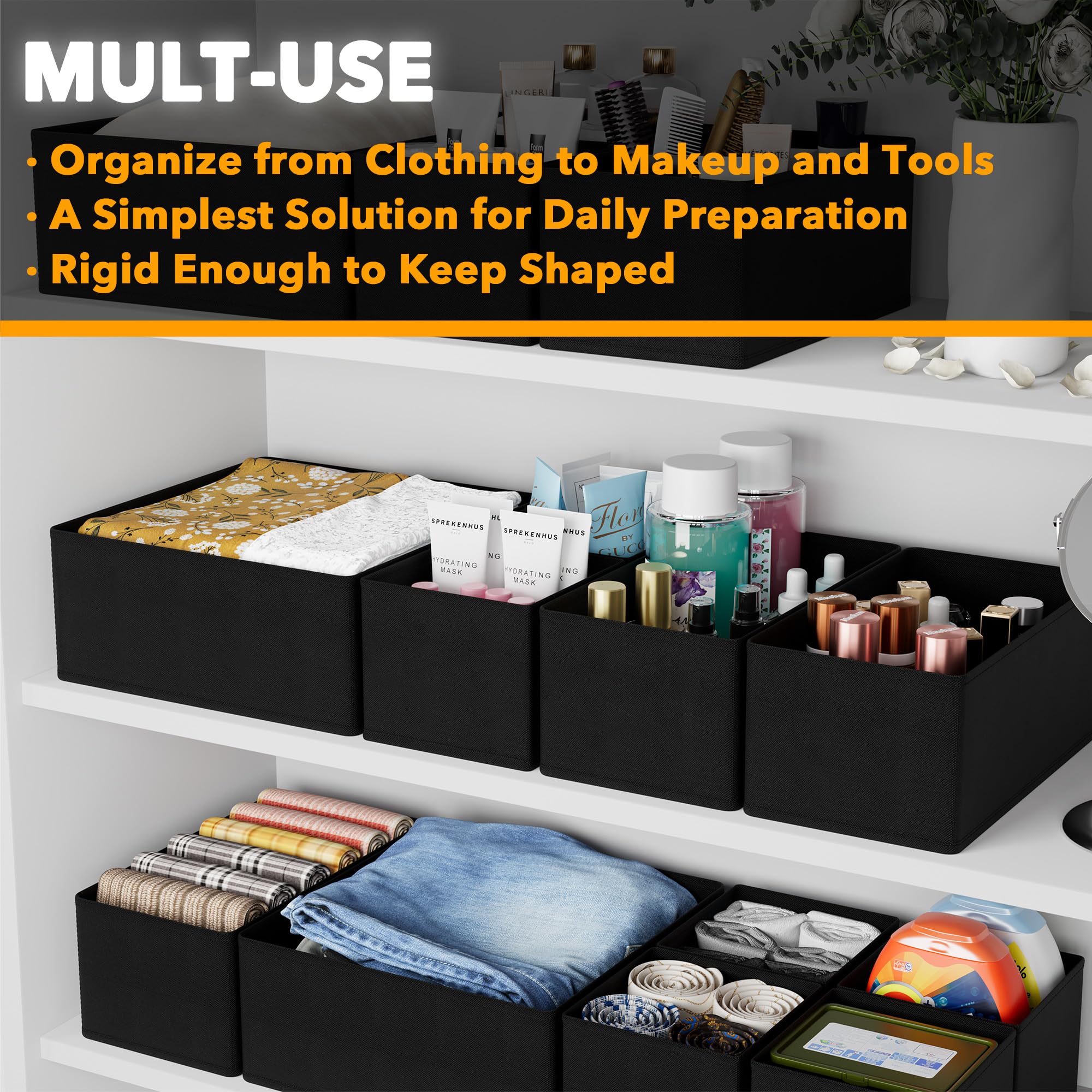 SpaceAid 12-Pack Black Drawer Organizer Bins for Clothes, Baby Clothes, Underwear & Socks - Perfect for Nursery Dresser, Closet Organization & Storage Dividers | Ideal for Home, Office & Travel Use