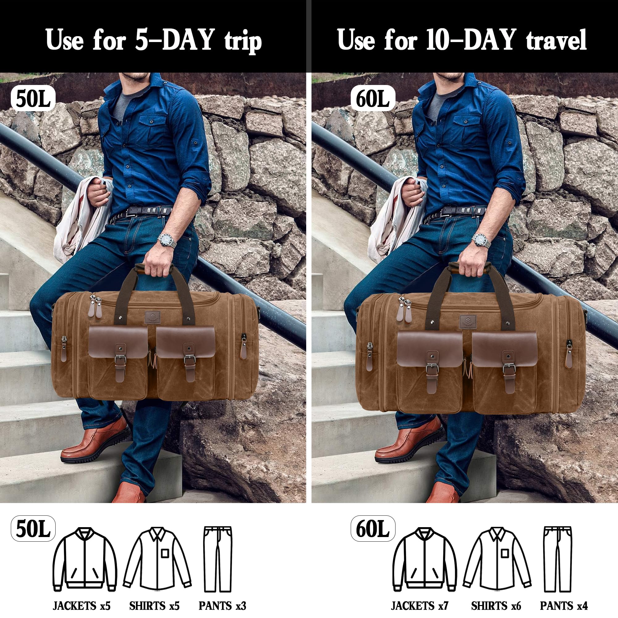 Vintage Dark Brown Expandable 60L Canvas Duffle Bag for Men - Genuine Leather Travel Duffel with Two Zipper Pockets - Perfect for Overnight Trips, Weekend Getaways & Carry-On Luggage (X-Large)