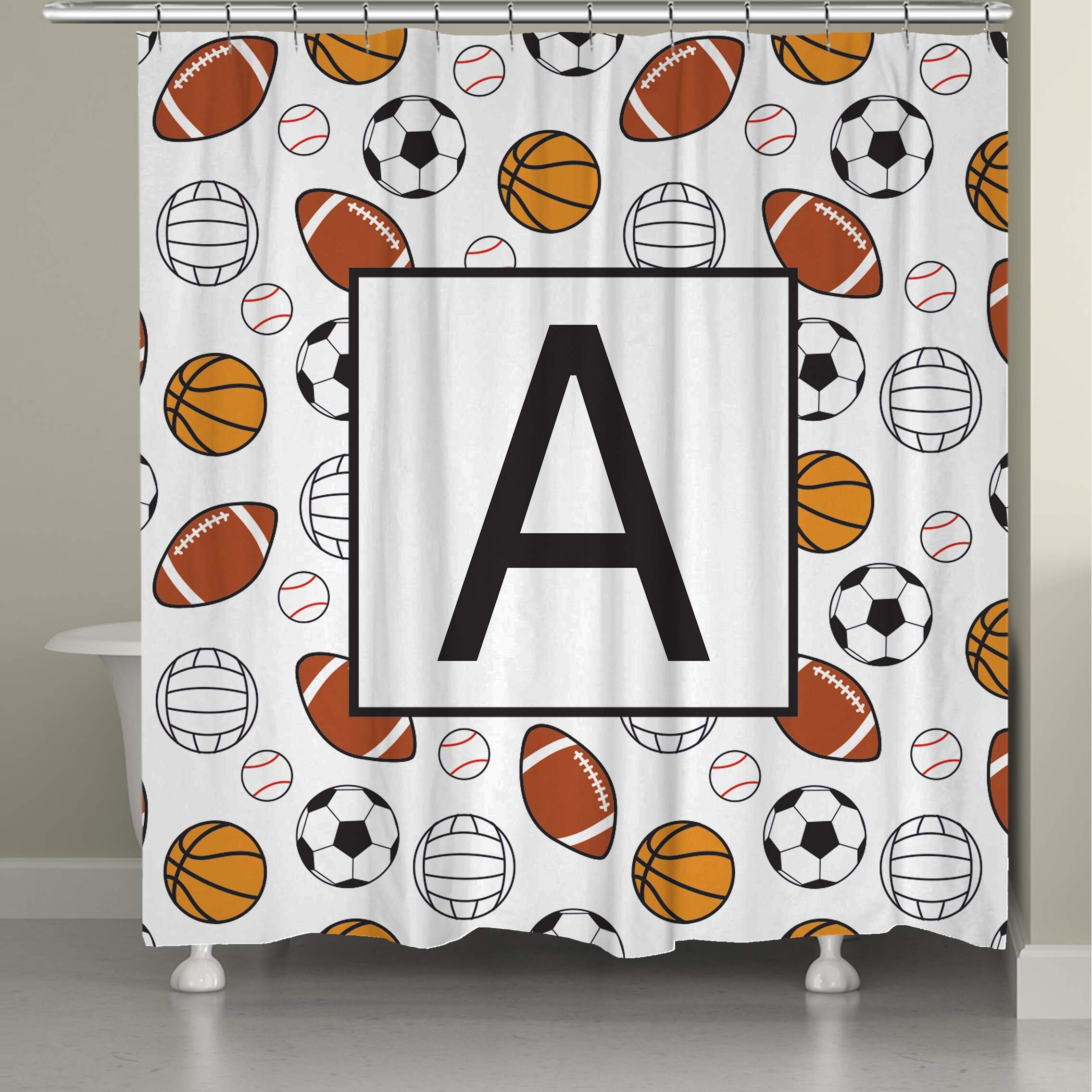 Laural Home Sports Monogram Shower Curtain - Waterproof Polyester Fabric Bathroom Decor for Boys, Girls, Teens - Perfect for Dorm, Bathroom, and Kids Room Decoration