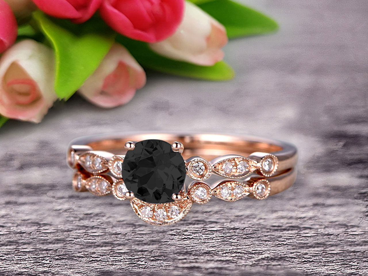 1.50 Carat Round Cut Black Diamond Moissanite Engagement Ring & Wedding Band Set in 10k Rose Gold - Vintage Art Deco Style Bridal Jewelry for Proposal, Anniversary & Special Occasions