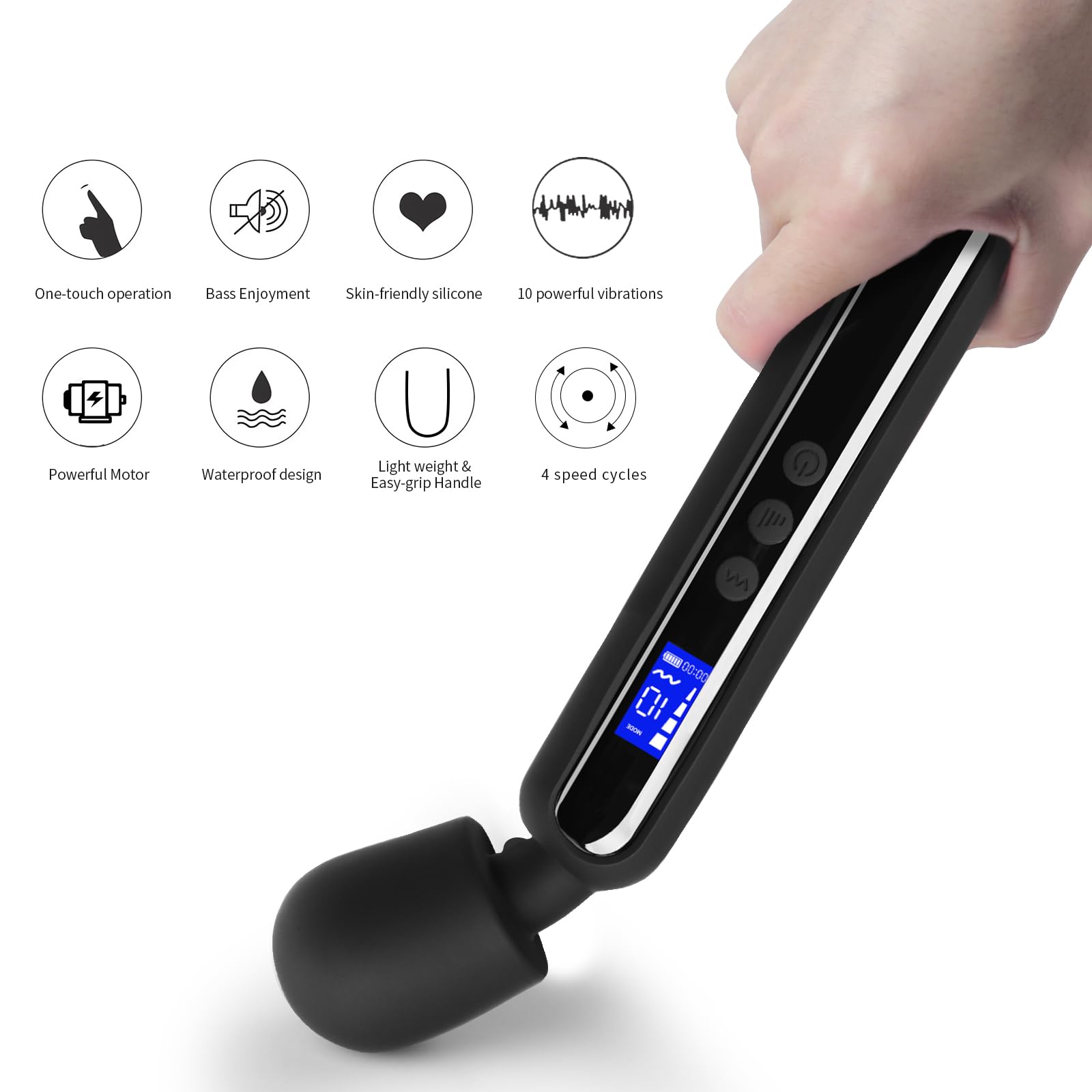 Powerful Cordless Vibrating Wand Massager for Women - 10 Vibration Patterns & 4 Speeds with LCD Display - Clitoral & G-Spot Stimulation - Rechargeable Waterproof Sex Toy for Couples & Solo Play - Perfect for Relaxation, Foreplay & Full-Body Massage (Black)