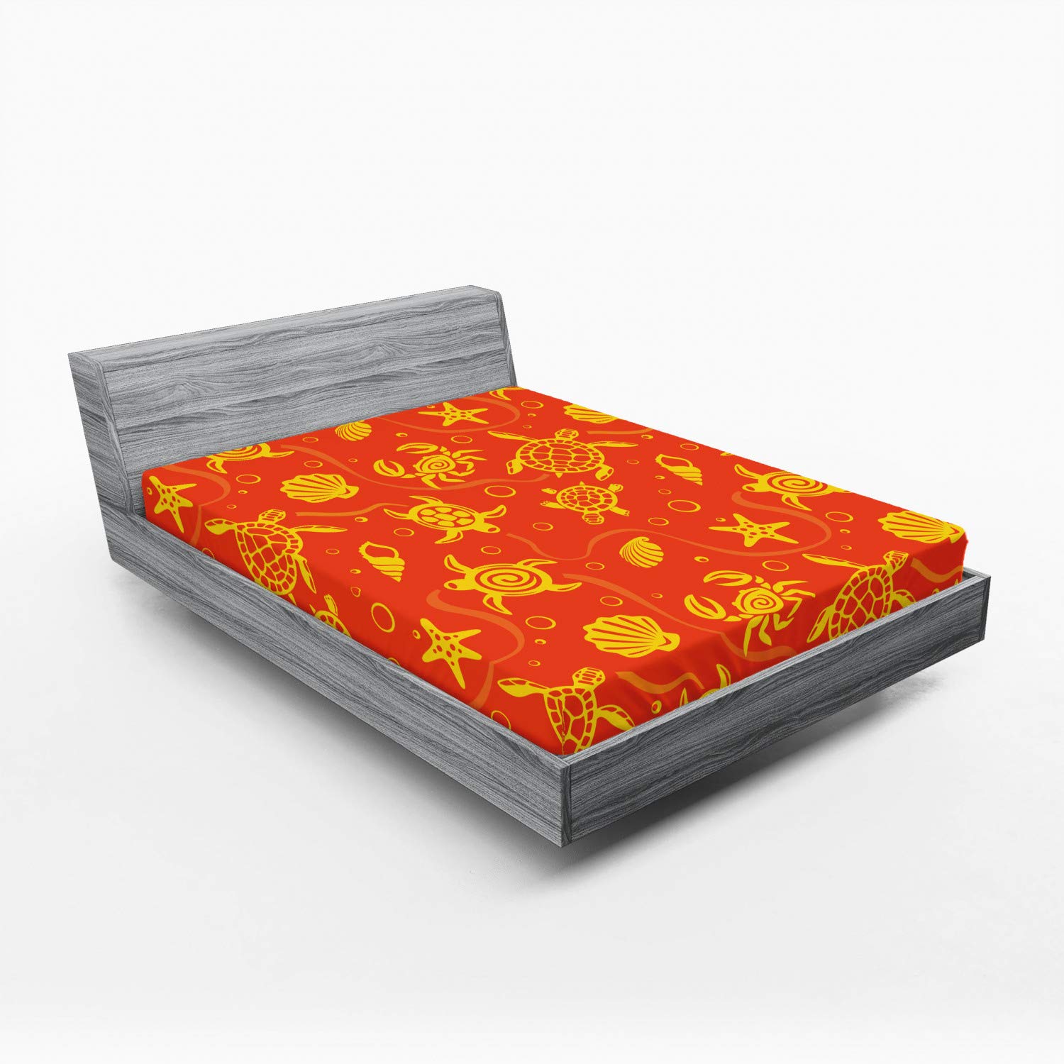 Ambesonne Orange Fitted Sheet Queen Size - Tropical Swimming Turtles, Crabs & Seashells Design with All-Around Elastic Deep Pocket - Burnt Orange Yellow Bed Cover for Comfortable Sleep | Perfect for Beach-Themed Bedrooms, Vacation Homes & Coastal Decor