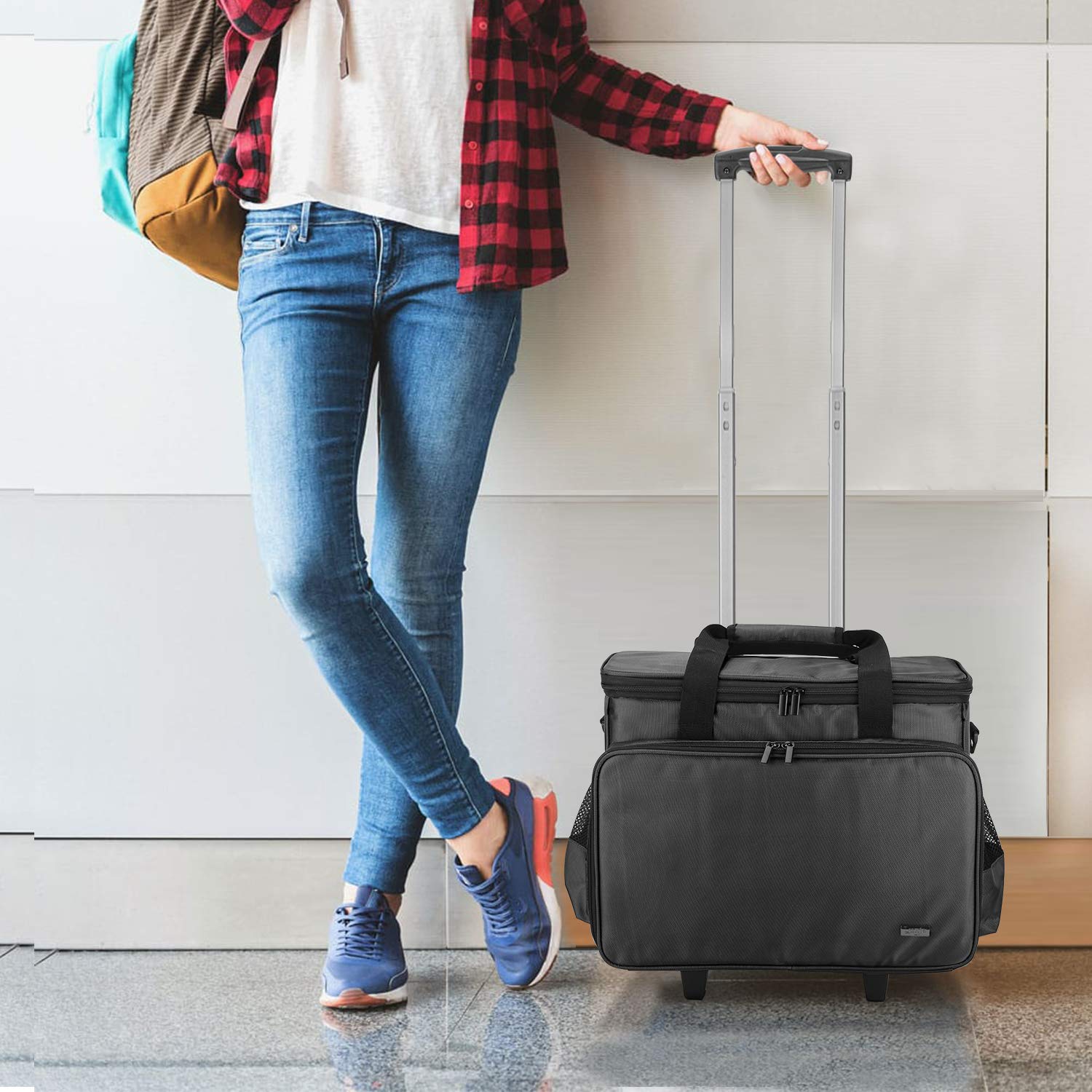 Luxja Rolling Sewing Machine Trolley Bag with Removable Pad - Portable Sewing Machine Case with Wheels for Singer, Brother & Janome - Perfect for Quilting, Crafting & Sewing Classes - Black Storage Organizer for Needles, Threads & Accessories