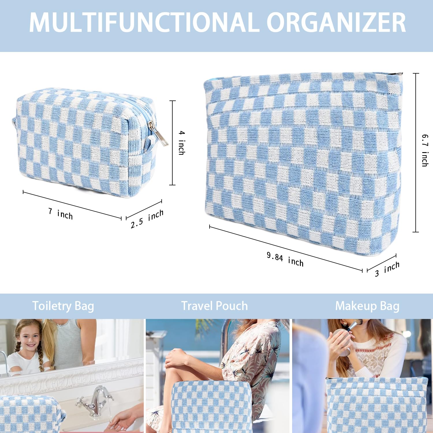 2Pcs Light Blue Checkered Makeup Bag Set for Women - Travel Cosmetic & Toiletry Pouch with Zipper, Cute Aesthetic Storage for Brushes, Cosmetics, Purse Essentials | Perfect for Travel, Gym, School & Daily Use
