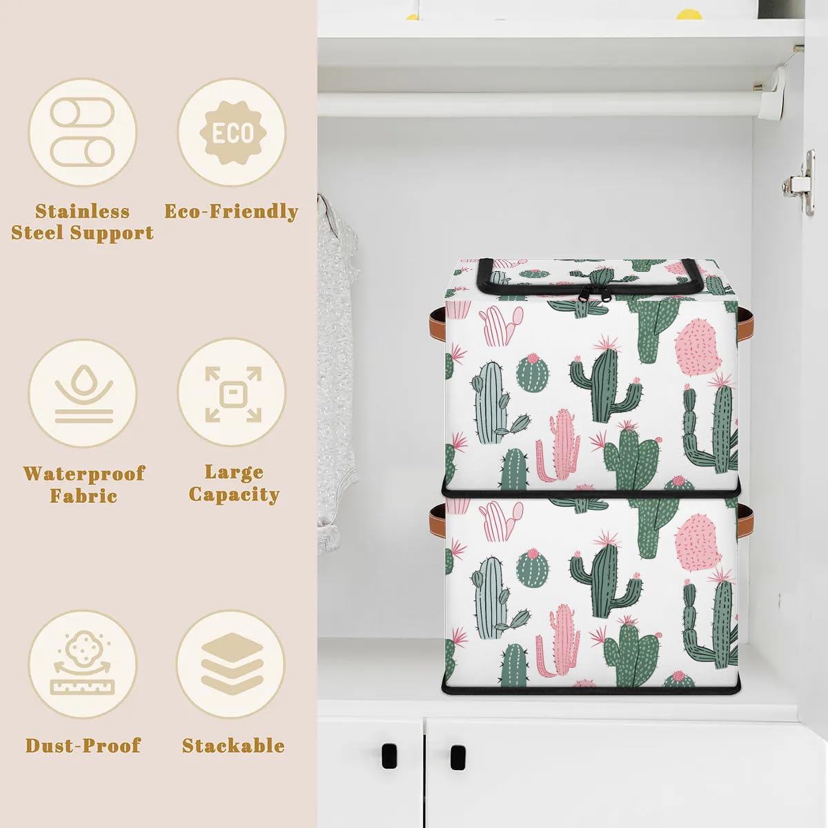 Foldable Fabric Storage Bins with Lids - Stackable Closet Organizer for Clothes, Toys, Blankets | Dustproof Collapsible Storage Cubes for Bedroom, Nursery, Office & Home Organization (Cactus Design)