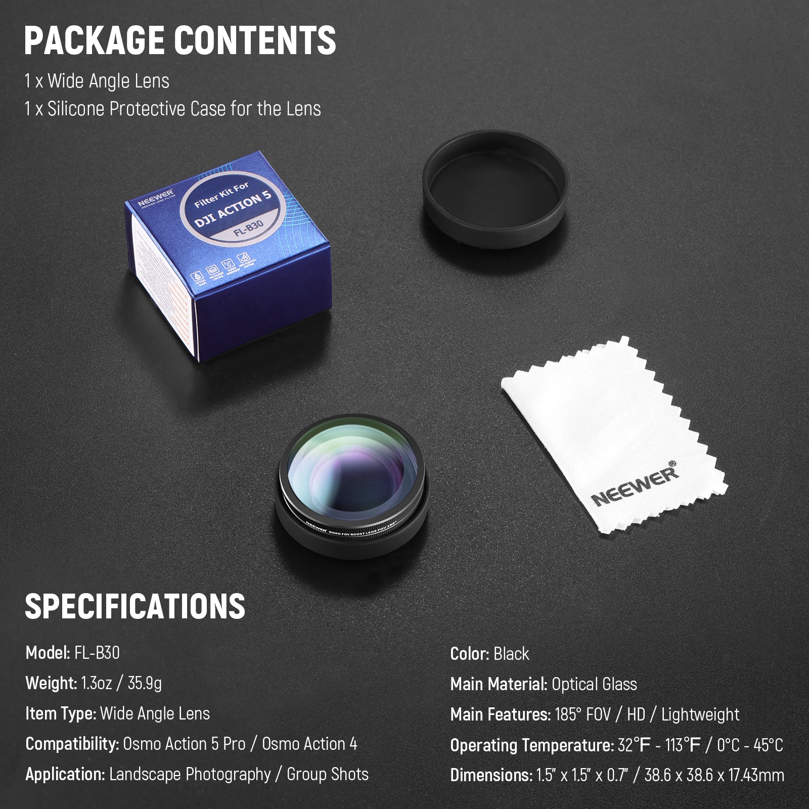 NEEWER FL B30 185° Ultra Wide Angle FOV Boost Lens for DJI OSMO Action 4/5 Pro - Compatible with Action Cameras - Perfect for Vlogging, Travel, and Outdoor Adventure Videos