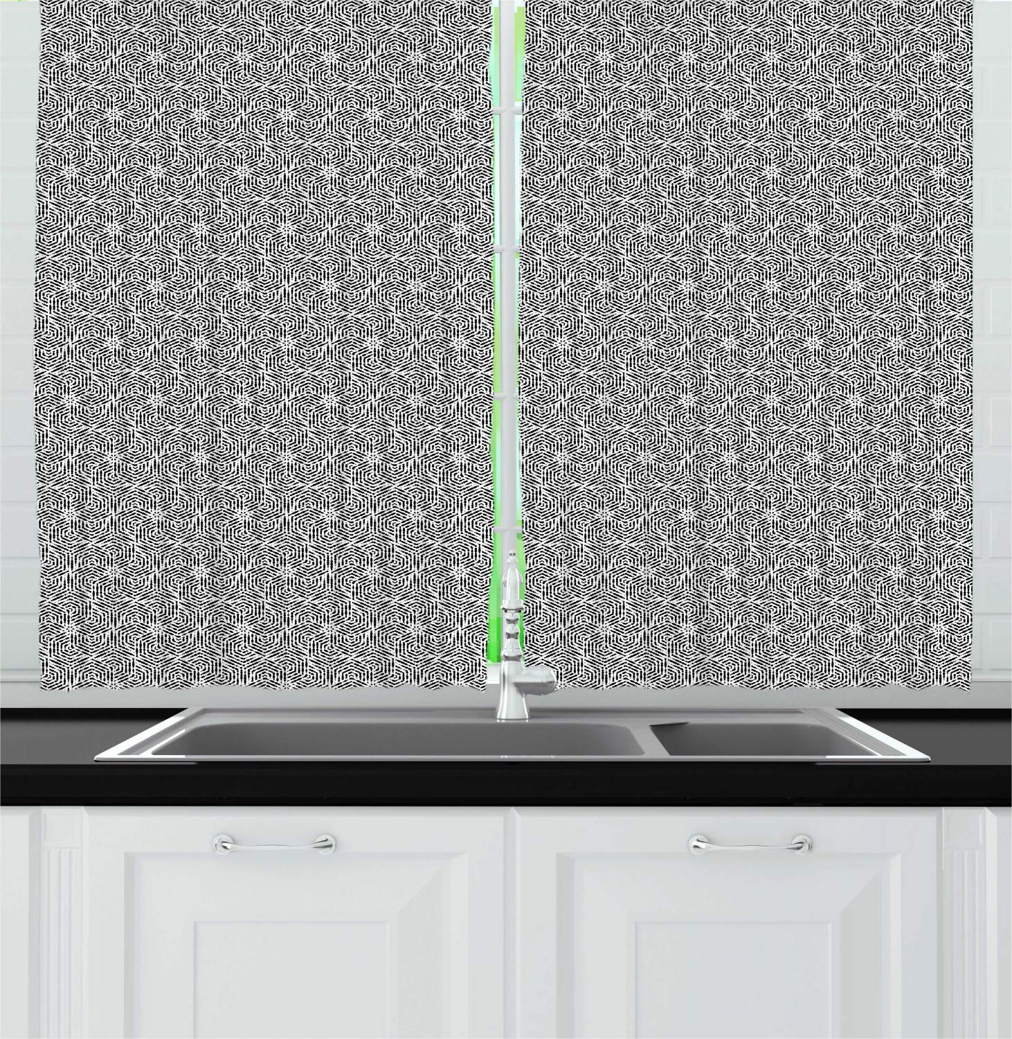 Geometric Kitchen Curtains Set of 2 - Modern Monochromatic Hexagon & Rhombus Pattern Window Drapes for Kitchen & Cafe Decor - 55