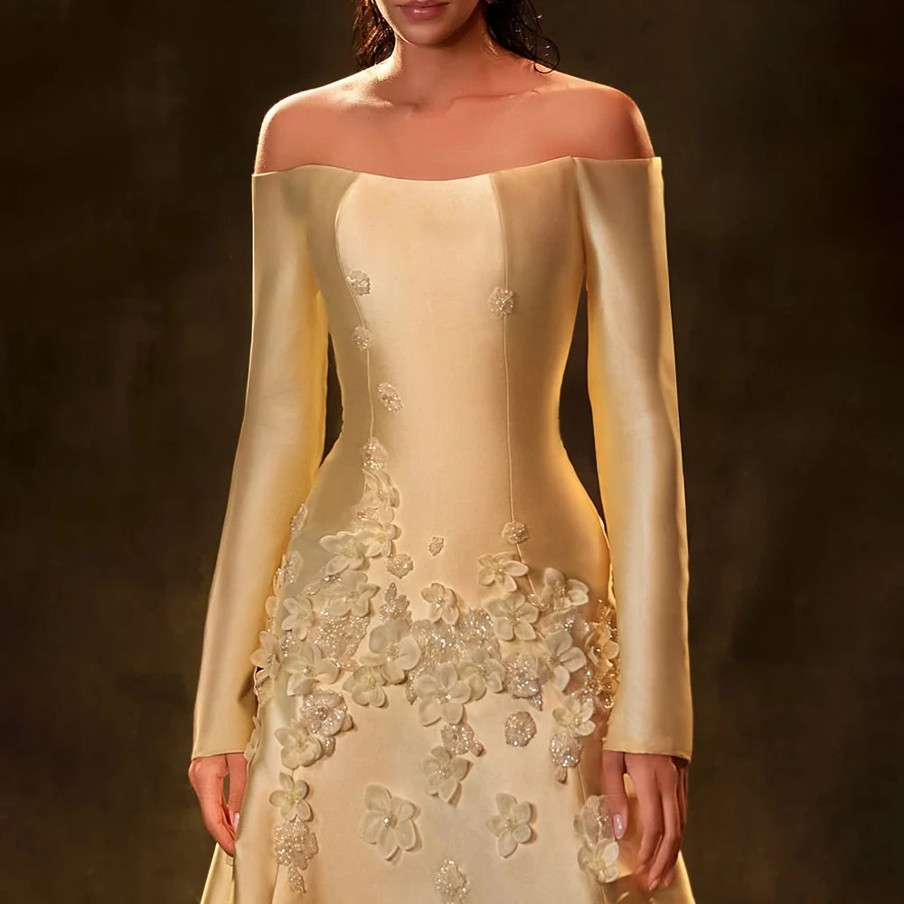 Luxury Dubai Arabia Yellow A-Line Satin Applique Evening Gown for Women - Formal Occasion Wedding Prom Party Dress LA72833 | Elegant Ball Gown for Special Events & Red Carpet