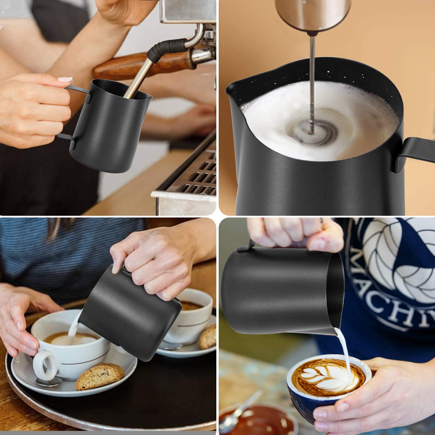 Professional 350ml/12oz Stainless Steel Milk Frothing Pitcher for Latte Art - Barista Steaming Jug with Matte Black Finish & Decorating Pen - Perfect for Cappuccino, Coffee, and Home Barista Use