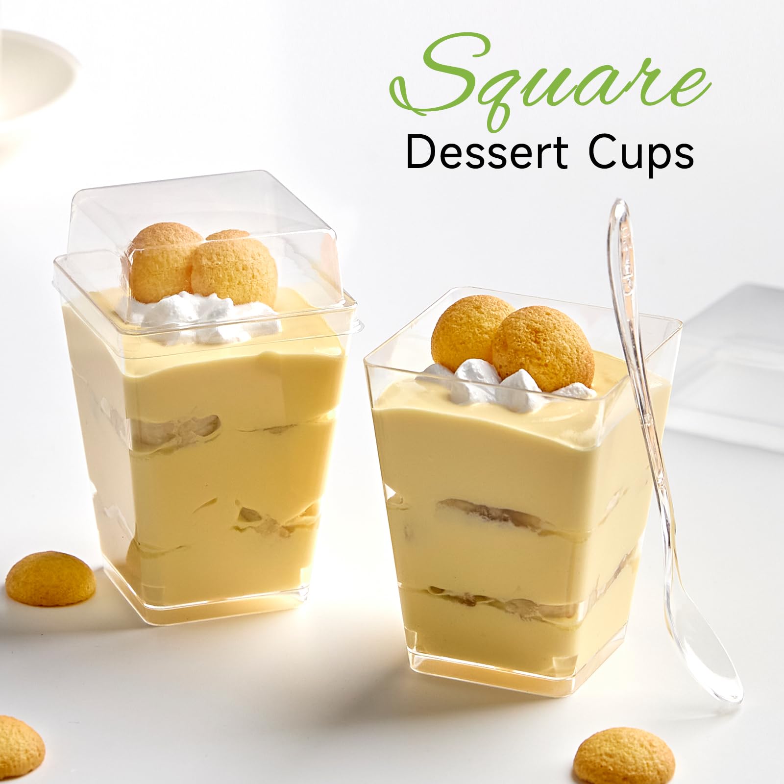 50 Pack 5 oz Clear Plastic Dessert Cups with Lids & Spoons - Square Mini Parfait Containers for Yogurt, Pudding, Ice Cream, Fruit & Appetizers - Perfect for Parties, Catering & Home Dessert Serving