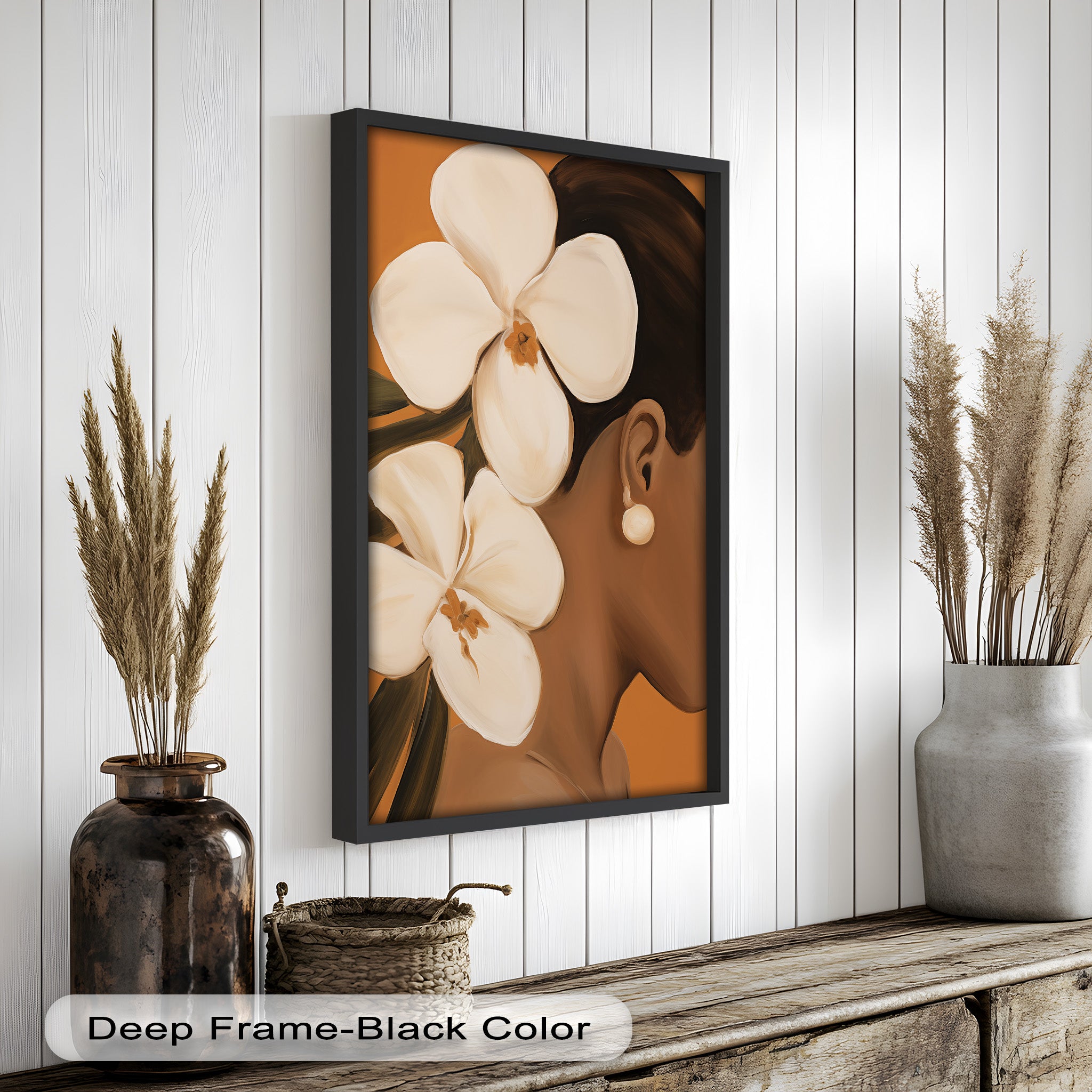 African Woman with Orchids Framed Oil Painting - Handmade Wall Art Decor for Living Room, Bedroom & Office