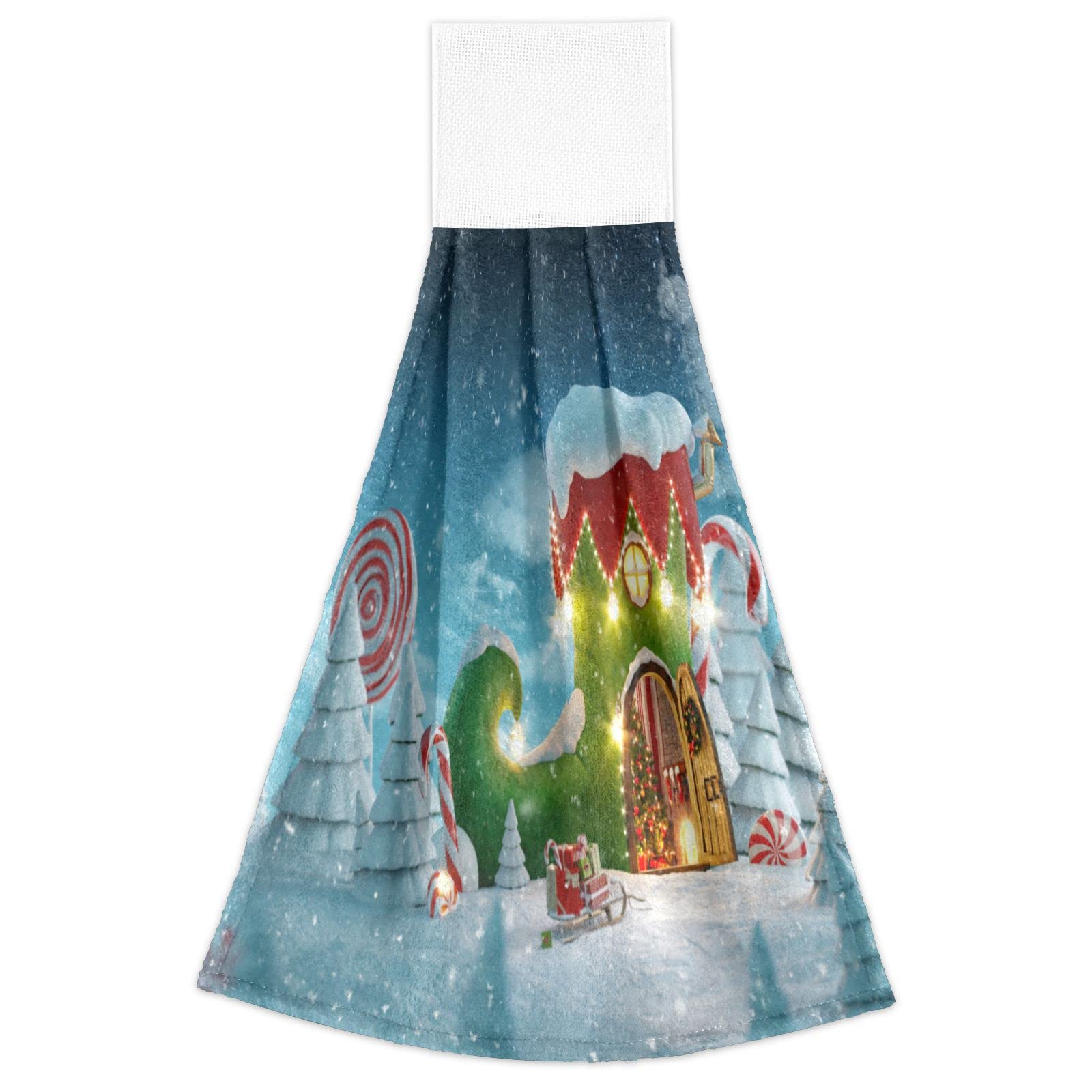 Christmas Boot House Hanging Kitchen Towels - 2PCS Elf & Candy Cane Oven Tie Towel Set for Kitchen, Bathroom, and Guest Hand Towels - Festive Holiday Home Decor for Christmas Decorations and Party Hosting