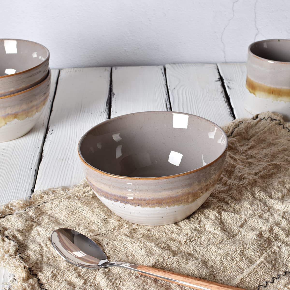 Bosmarlin 26 Oz Ceramic Cereal Bowl Set of 4 - Microwave & Dishwasher Safe Soup Bowls for Oatmeal, Salad, Pasta - Reactive Glaze Brown (6 Inch) - Perfect for Breakfast, Family Dinners & Restaurant-Style Serving